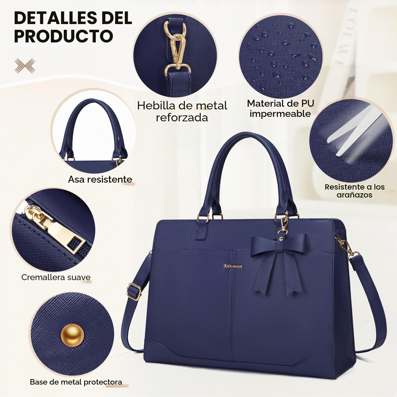 RAINSMORE Bolso Universidad Mujer Grande Impermeable Bolso portatil Mujer 15,6 Pulgadas PU Cuero Trabajo Shopper Tote Bag para Oficina
