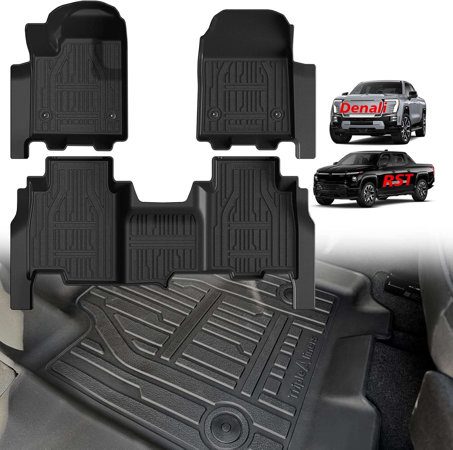 TripleAliners Floor Mats All Weather Liners for 2024 2025 Chevy Silverado EV RST/GMC Sierra EV Denali (Not for WT/LT) Accessories 1st & 2nd Row Full Set TPE Heavy Duty Custom Fit Floor Liners Silverado EV|24-25|RST|Floor Mats
