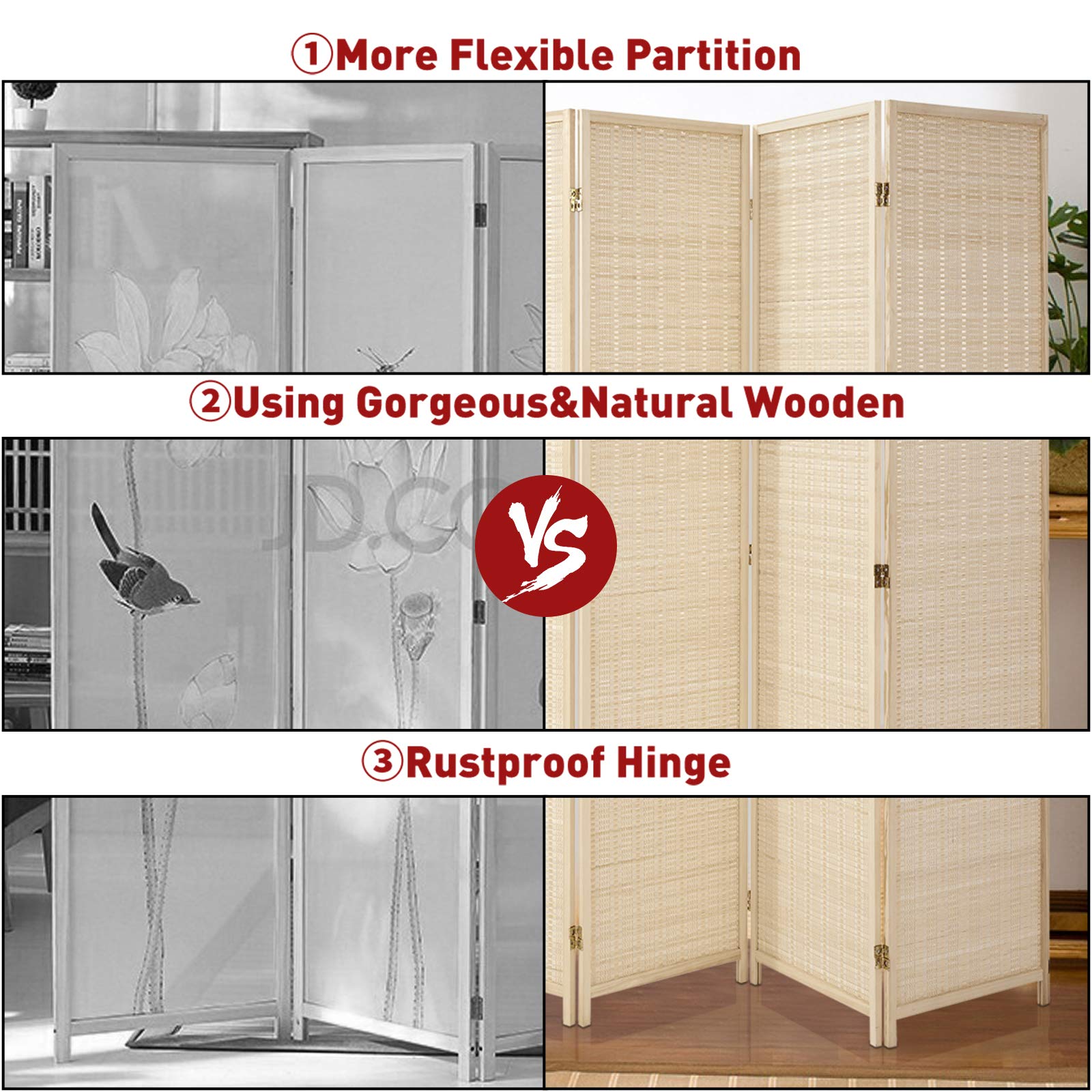 Esright 6 Panel Bamboo Room Divider, 6 Ft Tall Folding Privacy Screen