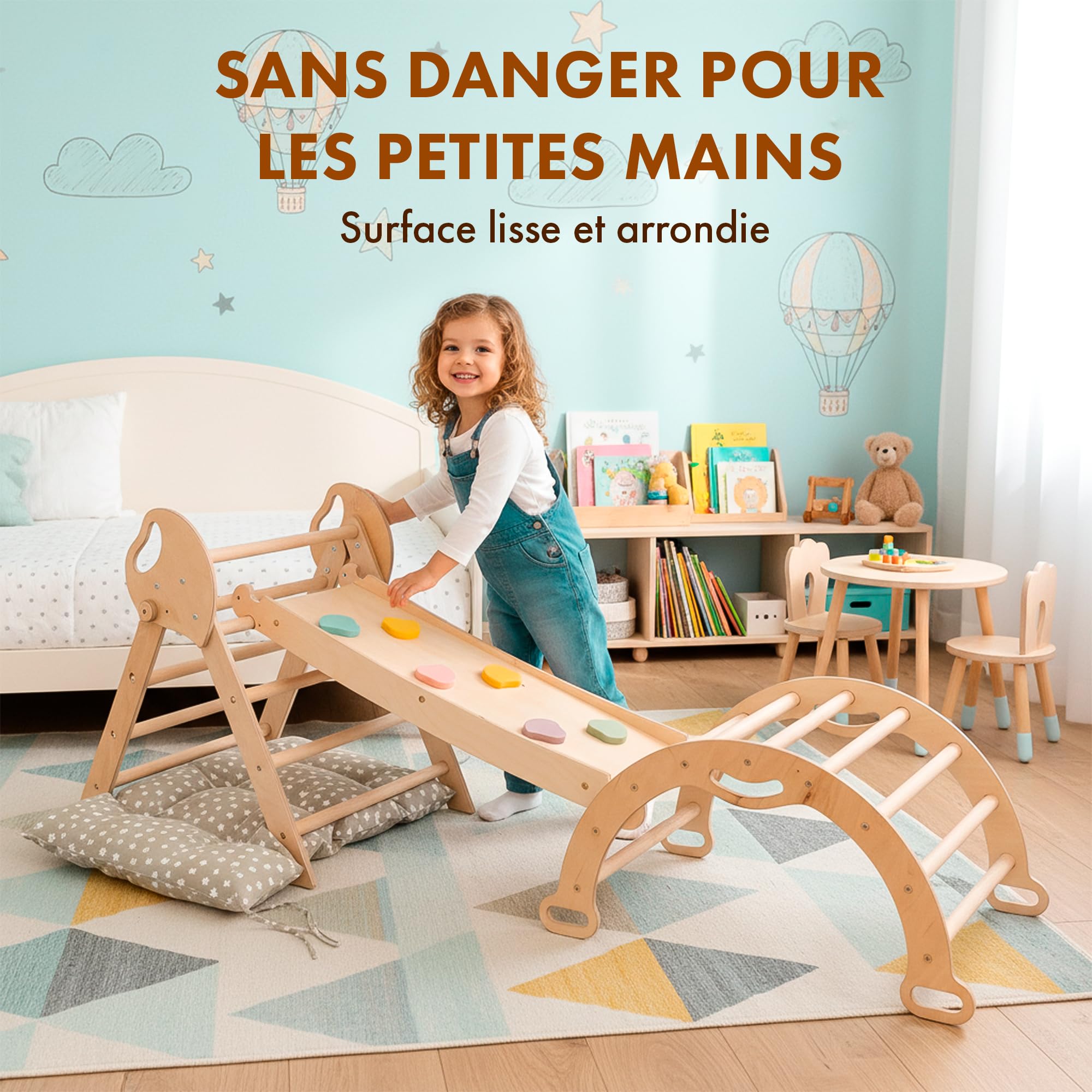 Goodevas Cadre d'escalade 5 en 1 pour enfants – Échelle triangulaire, arche d'escalade, planche d'équilibre et coussin, cadre d'escalade Montessori, gym en bois pour enfants de 1 à 3 ans