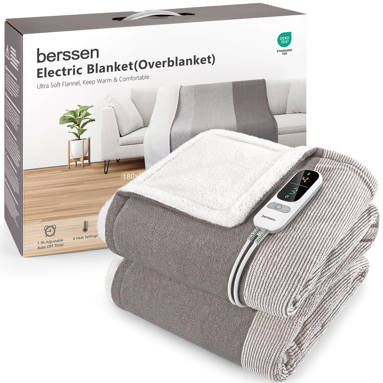 berssen Vergrößert Heizdecke mit Abschaltautomatik, 6 Heizstufen,1-9 Stunden Auto-Off-Timer Überhitzungsschutz,Elektrische Kuscheldecke für Home & Office, 160x180cm,Mischfarbe