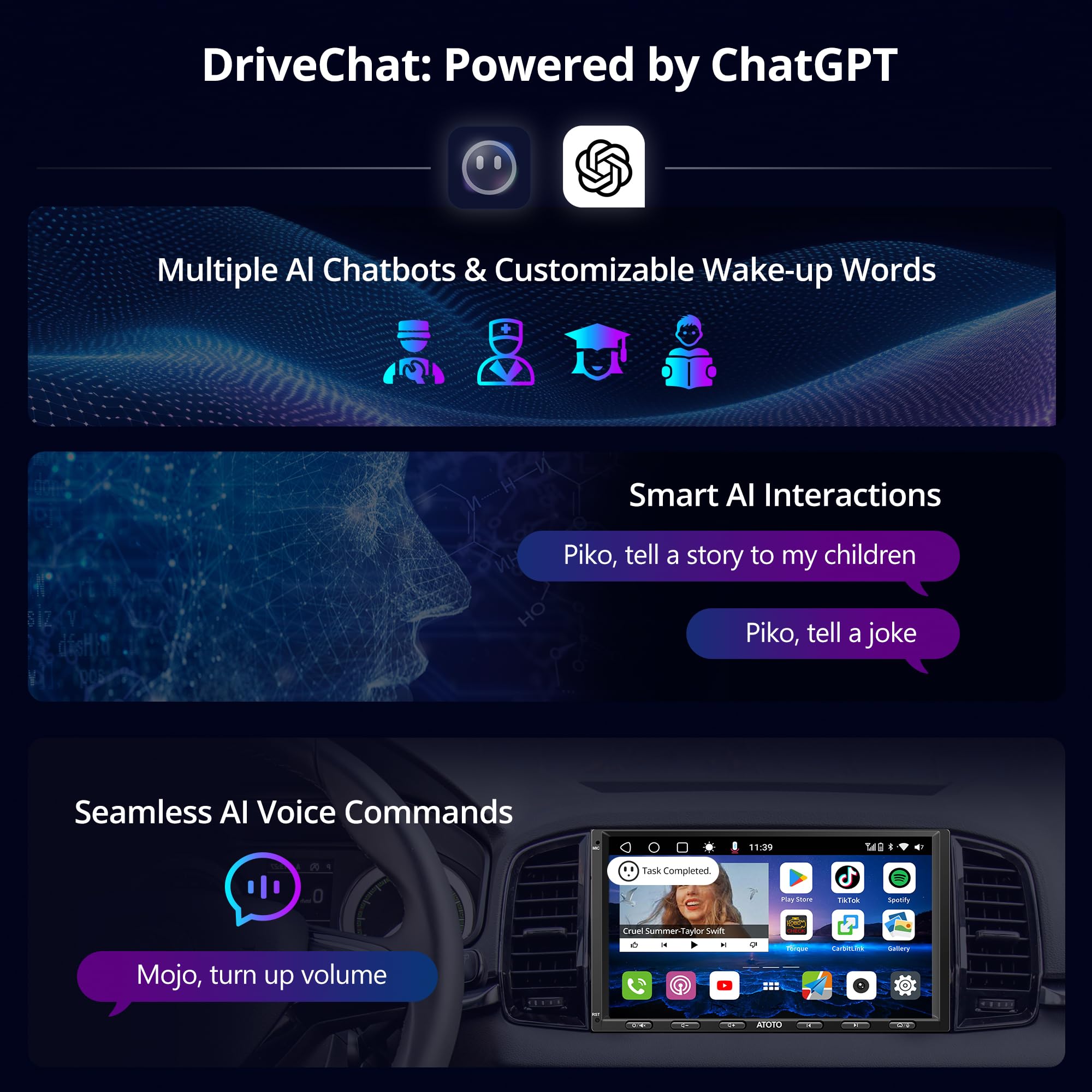 ATOTOLIFE S8 8-Core 4G+32G Android Double Din Car Stereo, 4G LTE, WiFi/BT/USB Tethering, 7inch QLED Touchscreen Wireless CarPlay Android Auto, AI Chat Car Radio,2 Bluetooth, SCVC, DSP/HDMI Out