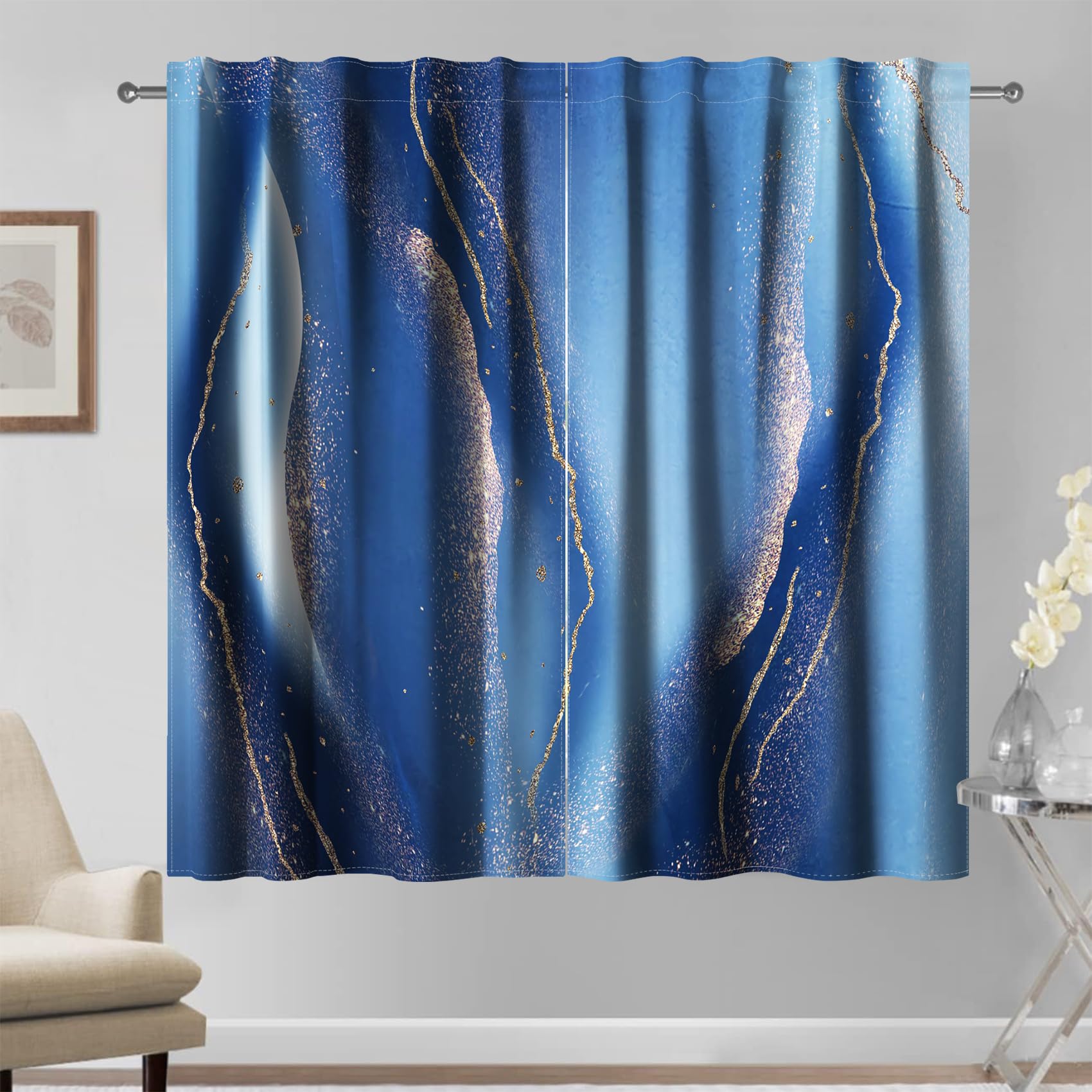 Kzzfqxb 117x229cm Marbel Texture Curtains 2 Panels, Modern Art Gradient Blue Golden Lines Sandflow Rod Pocket Window Drapes, Aesthetic Noble Luxury Decoration for Living Room Bedroom — image 1