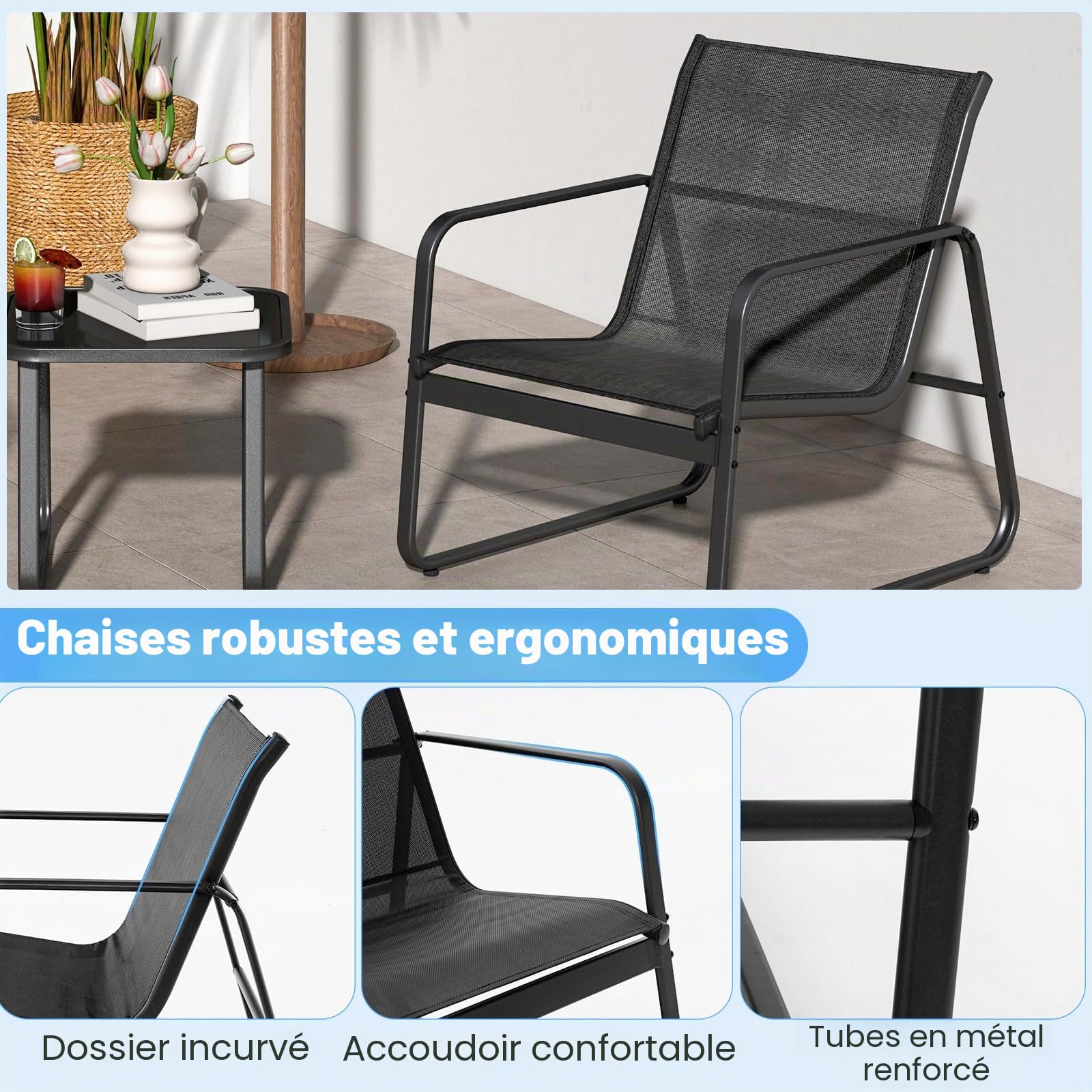 KOMFOTTEU Ensemble de Salon de Jardin 3 Pièces pour 2 Personnes, Mobilier d’Extérieur avec 2 Fauteuils et 1 Table Basse, Set de Meubles de Jardin, pour Cour, Patio, Balcon, Terrasse (Noir)