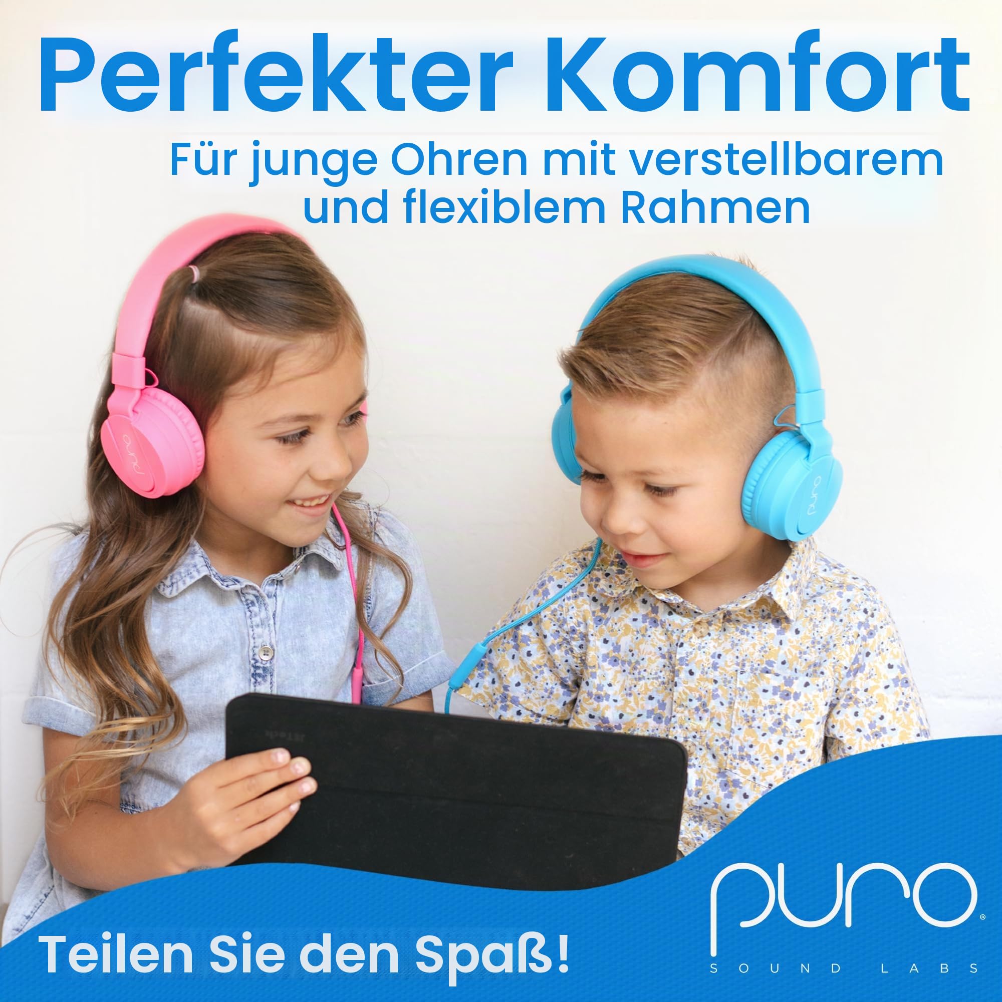 Puro Sound Labs PuroBasic Volume Limiting Wired Headphones for Kids, Boys, Girls 2+ Foldable & Adjustable Headband, Compatible with iPad, iPhone, Android, PC & Mac – By, (Blau)