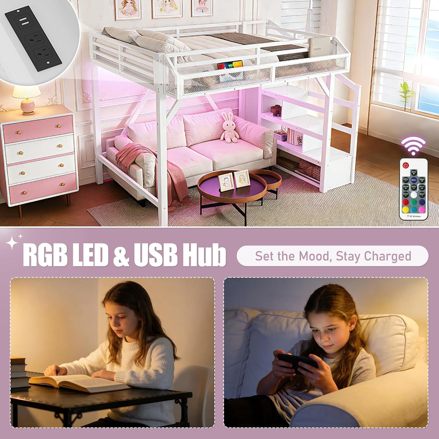 Bellemave Twin XL Loft Bed Frame with Storage Stairs, Beside Shelf & Wardrobe, Metal Loft Bed Twin XL with USB Ports & LED Light, Large Under-Bed Space Loft Beds for Adults, Teens, Kids, White