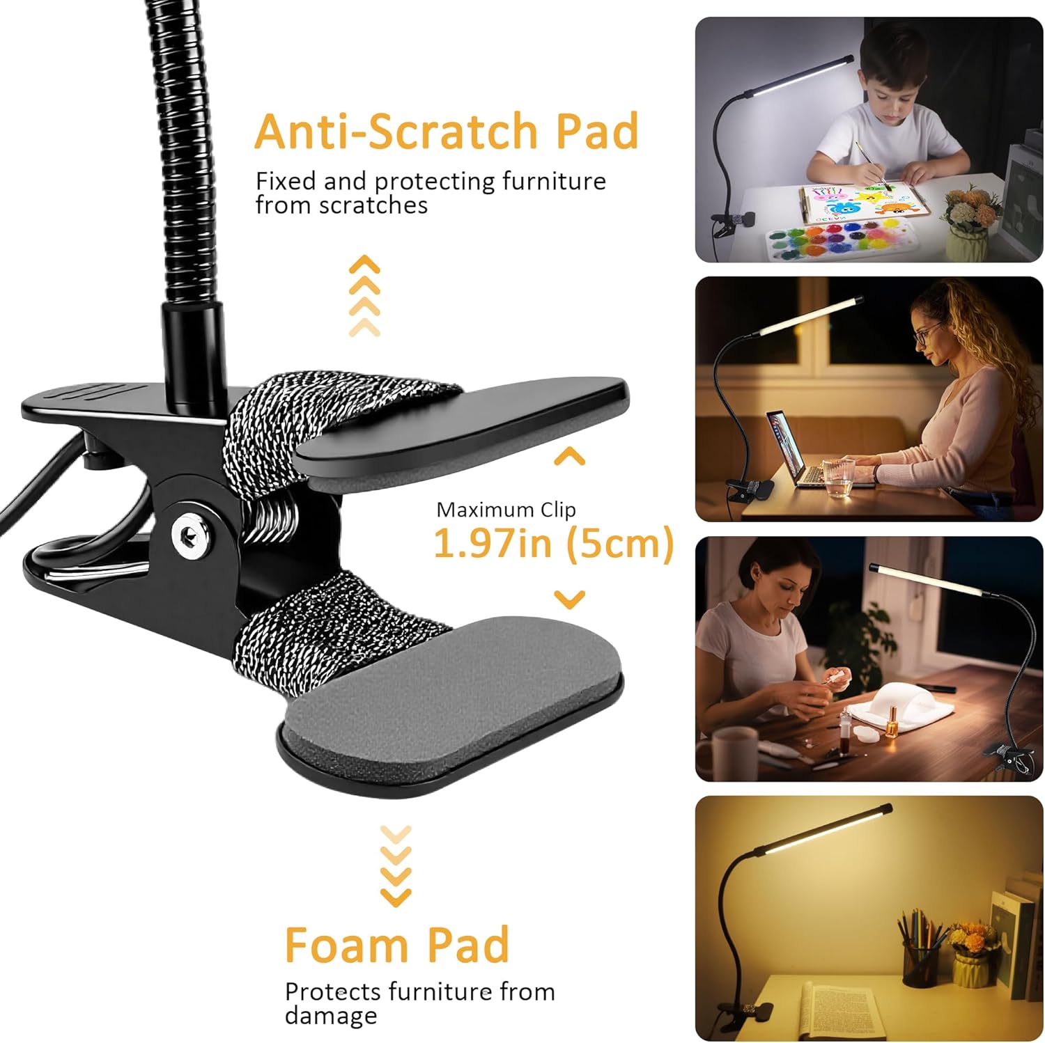 Akynite LED Clip on Light 8W Reading Lights for Books in Bed, Adjustable 3 Modes 10 Brightness Dimmable Clamp Lamp, Flexible Book Light Clip on for Bed Workbench Drafting, 580LM, USB Adapter Included