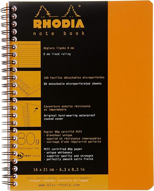 RHODIA 193468C - Spiral Notebook (Full Binding) Orange Notebook - A5+ - Ruled - 160 Detachable Pages - Clairefontaine Paper 80 g/m - Soft and Resistant Coated Card Cover - Classic