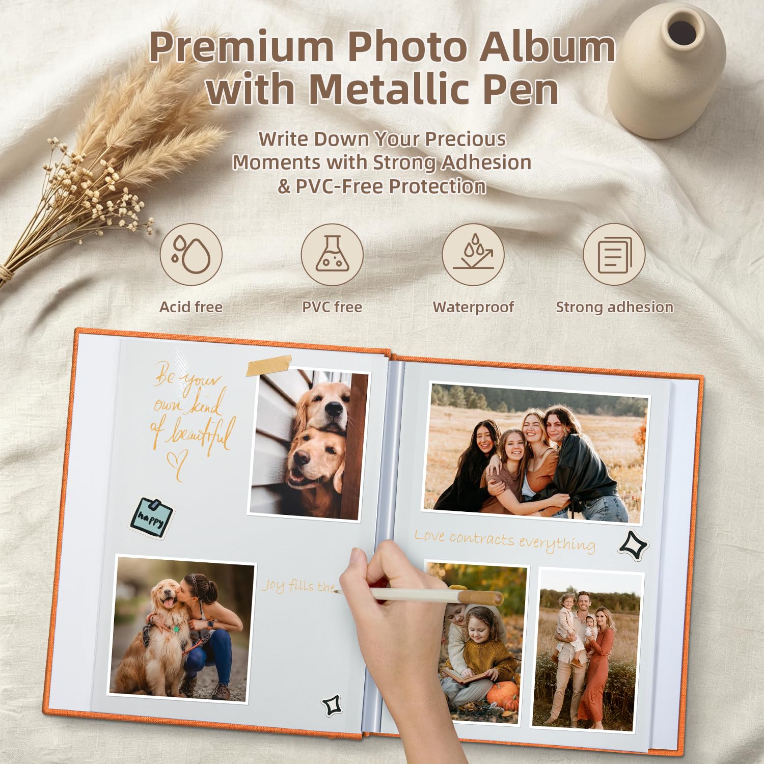 Popotop Álbum de fotos autoadhesivo con ventana de visualización de imágenes, 60 páginas, álbum de recortes para fotos de 4 x 6, 8 x 10 pulgadas, libro de recuerdos con cubierta de lino para boda de