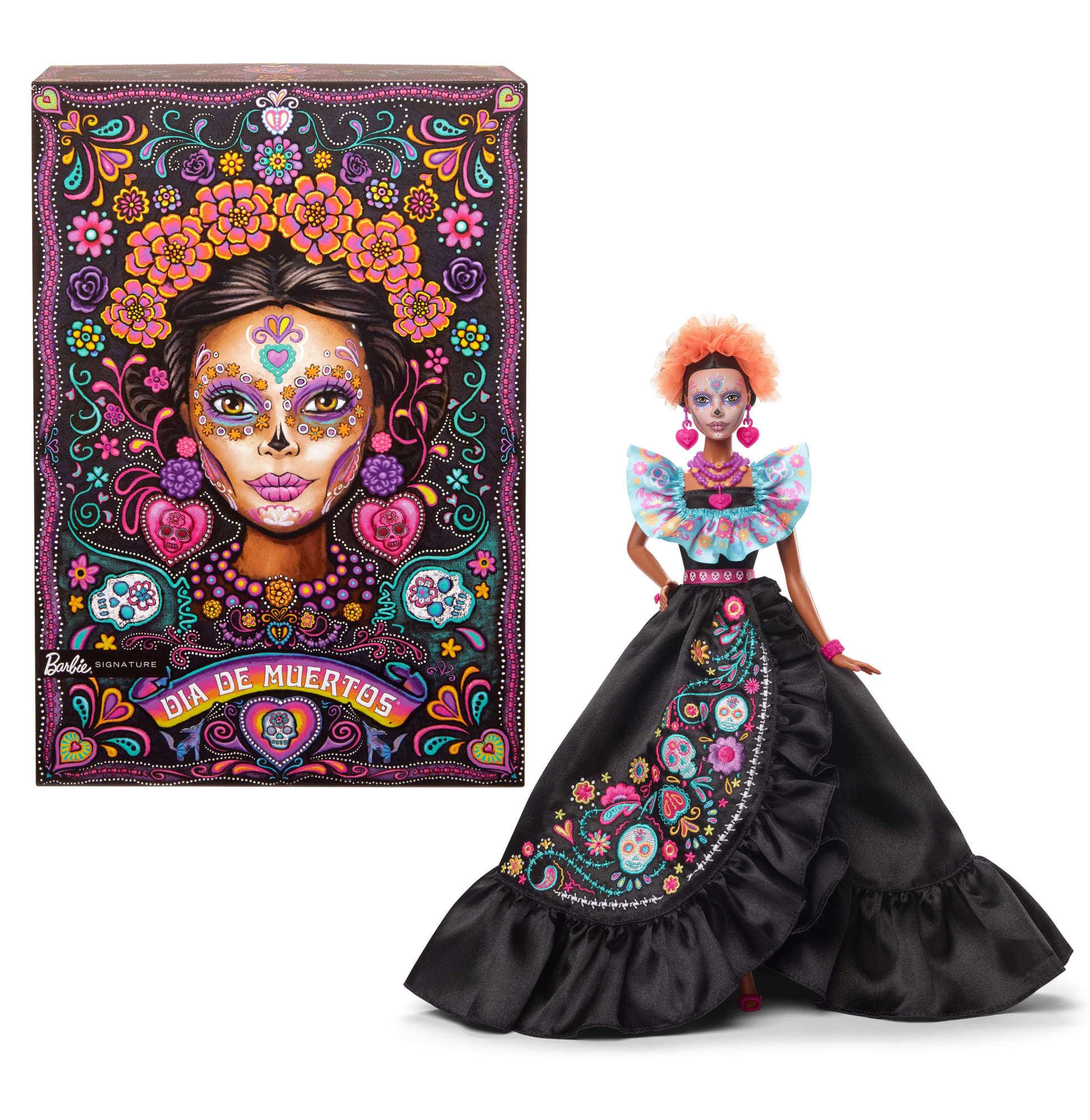 Barbie Signature Puppe, 2024 Día De Muertos Sammelfigur mit schwarzem Kleid mit blauem Rüschenoberteil, Stickereidruck und farbenfrohen Accessoires, HRM72