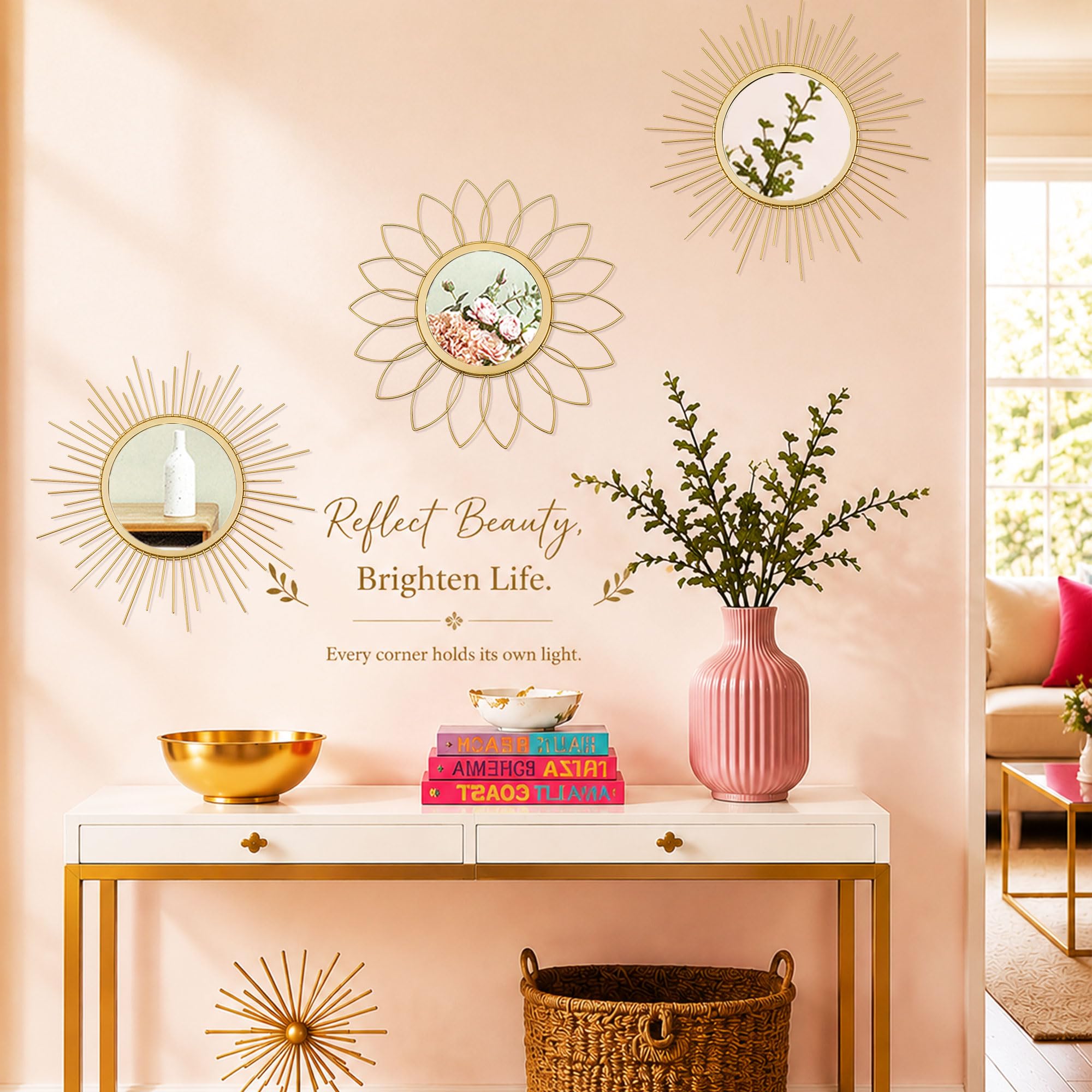 Uaussi - Juego de 3 Espejos Dorados para Pared de Metal Efecto Sol, decoración de Pared Colgante para Sala de Estar, Dormitorio, Entrada