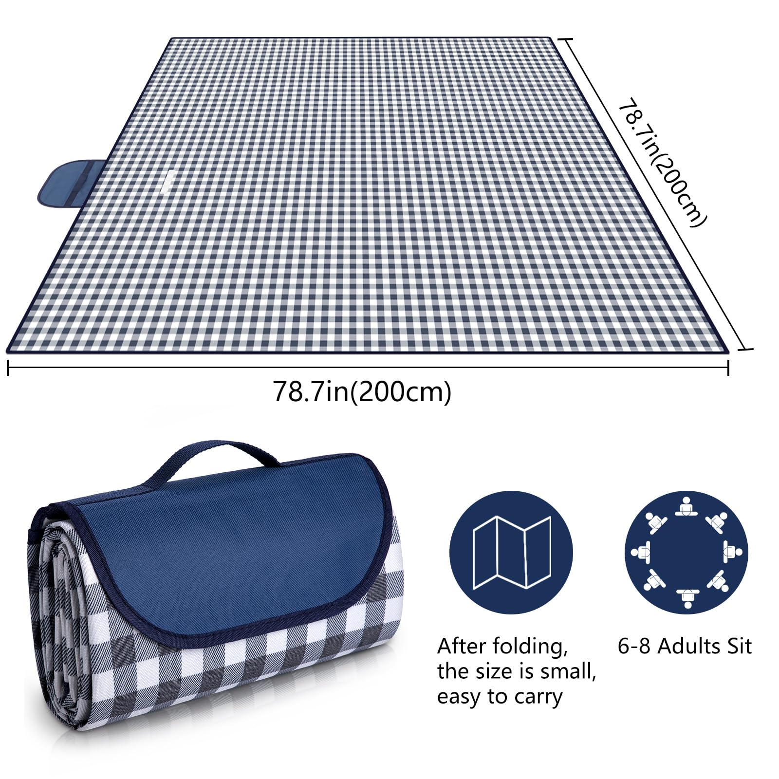 Eucomir Coperta da Picnic Portatile 200 x 200 CM, Impermeabile Pieghevole con Manico ,Unisex,per Outdoor Giardino Campeggio,Blu Tibetano