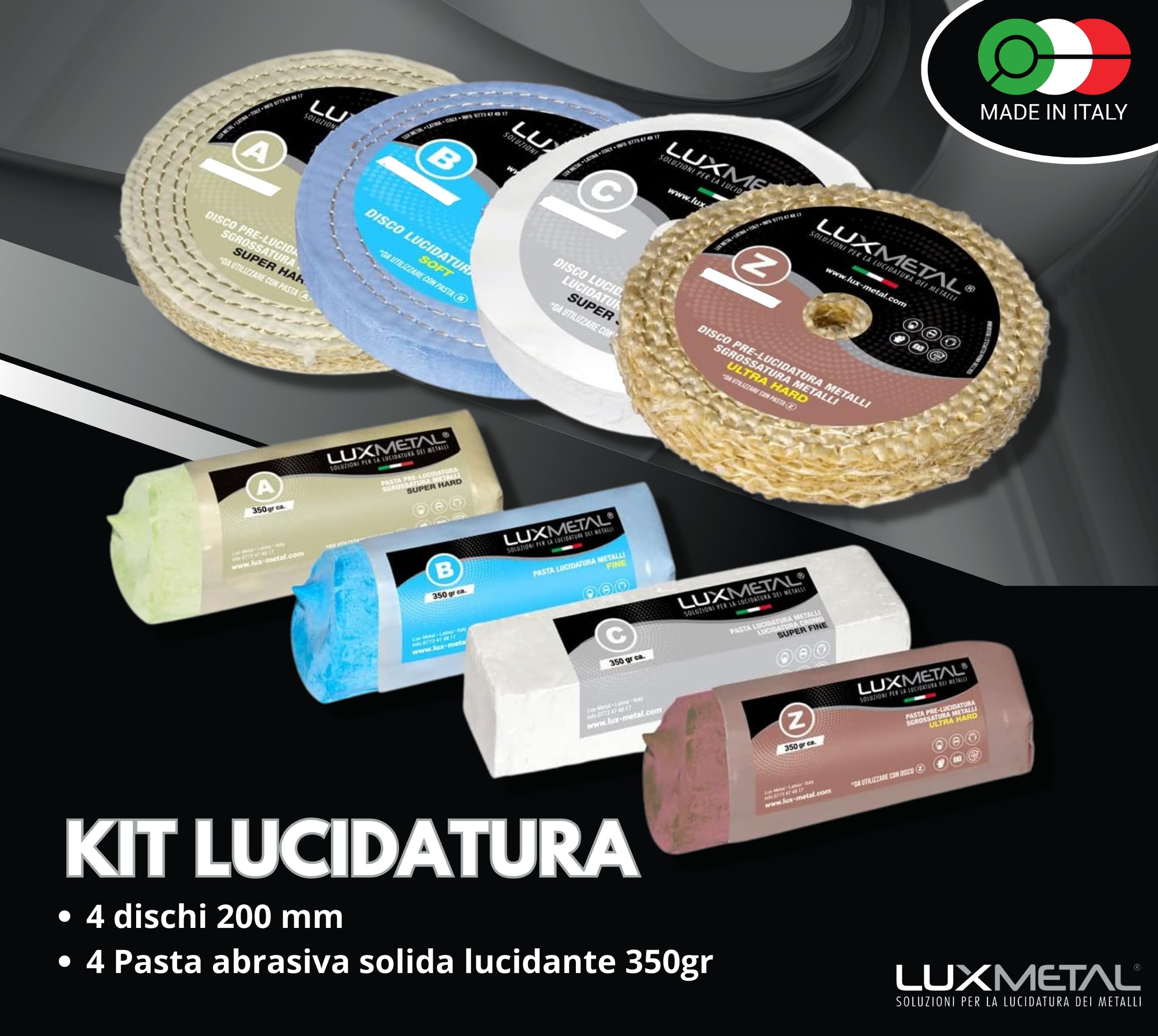 Lux Metal Kit Lucidatura 4 Disco Lucidatura 200 mm e 4 Pasta Abrasiva Lucidante 350 gr in Cotone da Mola Dischi Per Lucidare Metalli Acciaio Inox Alluminio Set Lucida Ottone Rame Smerigliatrice Ruota