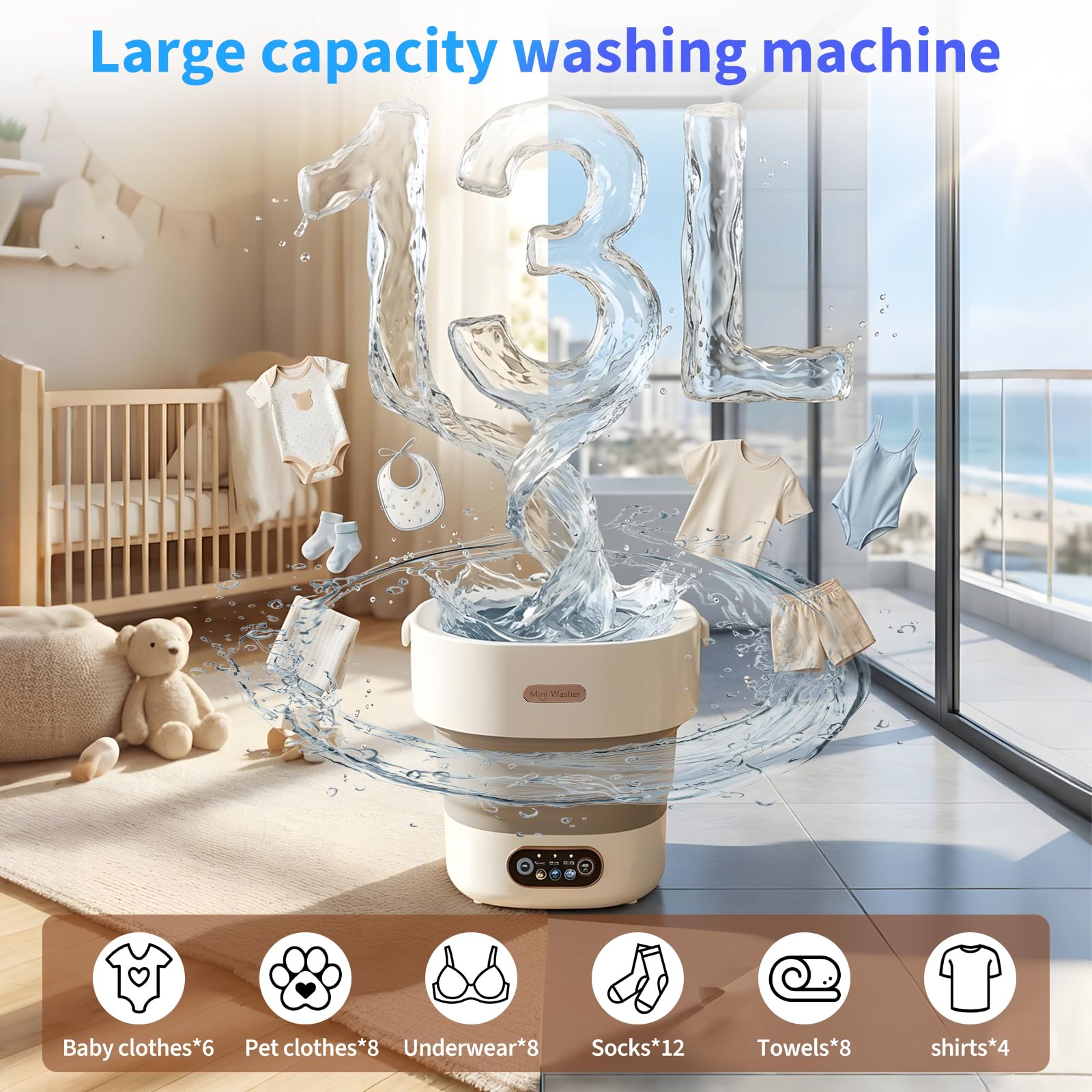Mini lavadora plegable de 12 – 13 L, compacta y portátil, silenciosa, ahorro de energía, con centrifugado, para apartamentos, ropa interior y bebé, calcetines, ropa pequeña