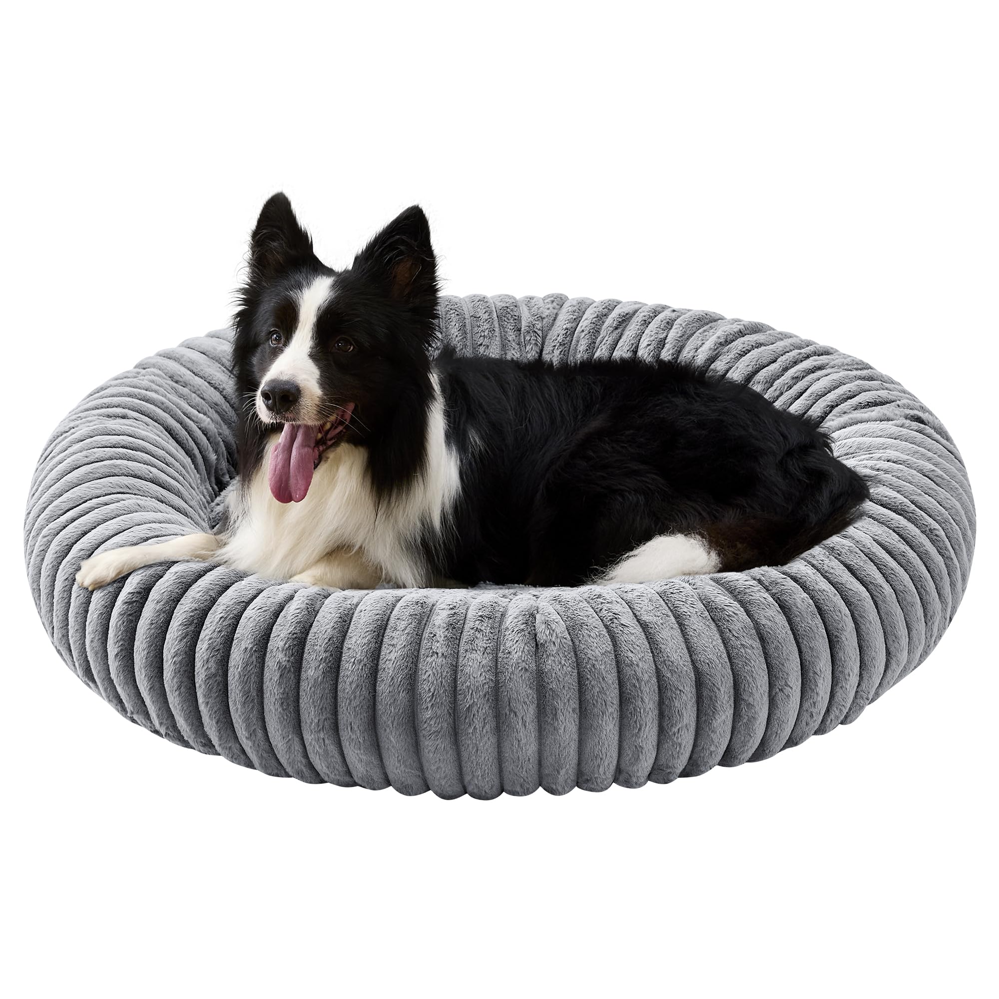 Oveppy Donut Dog Bed Large Washable, Roud Cute Dog Beds for Large Dogs with Corduroy Fleece, Faux Fur Pet Beds with Washable Removable Cover, Grey, 36x36x8 inches