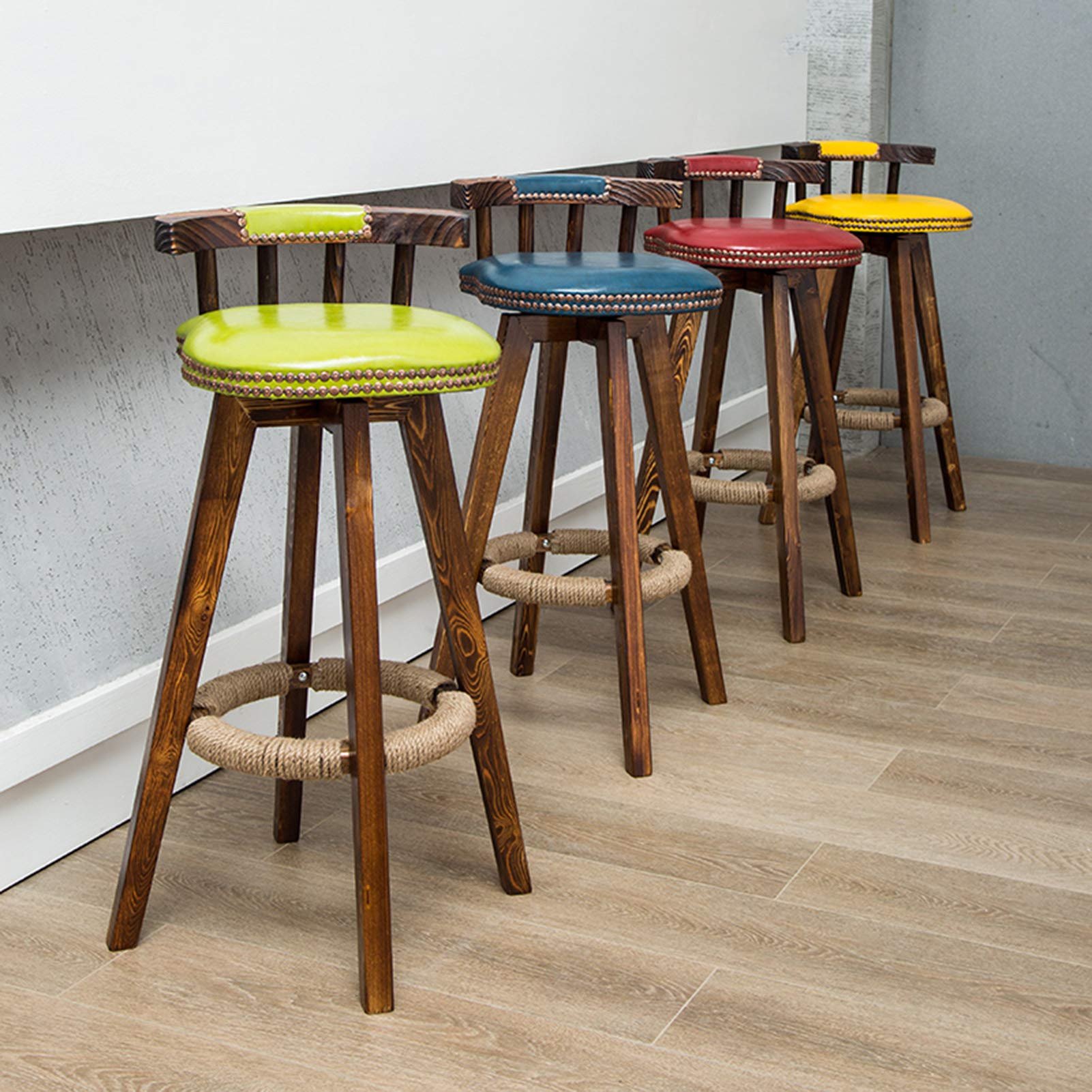 360° draaibare barkruk van echt leer, hout, modern design, blauw (54,8x54,8x96 cm