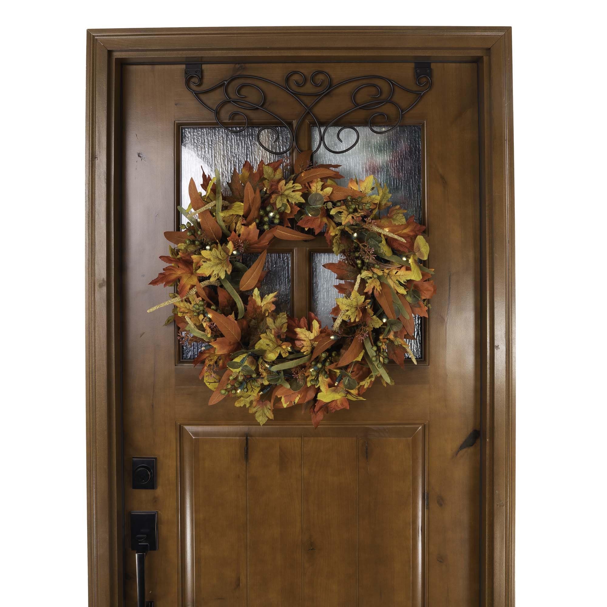 24 Inch Artificial Christmas Wreath Fall Harvest Leaf. Battery Powered Pre Lit 50 LED Mini Lights