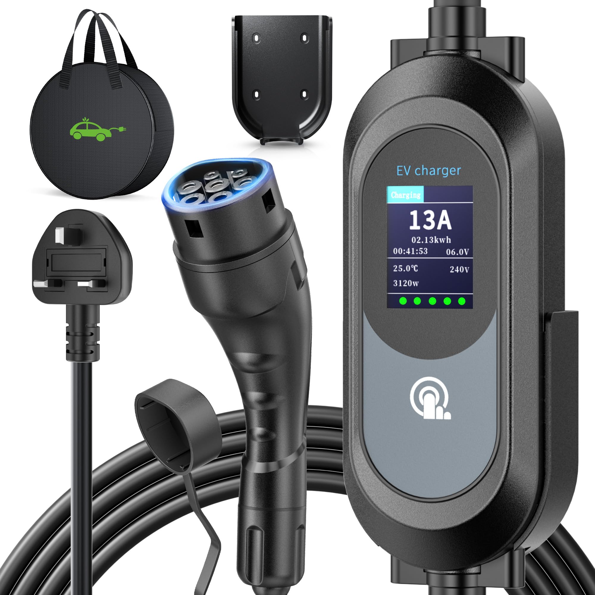 EV Charger Cable Type 2 to 3 Pin Plug 6M, Max 3.1kW [6-13A] UK 3Pin Electric Car Charger, Portable Car Type 2 Charging Cable 3 Pin with 2.4″ LED Screen, 12H Timing Delay, IP67/IP65 for EVs & PHEVs
