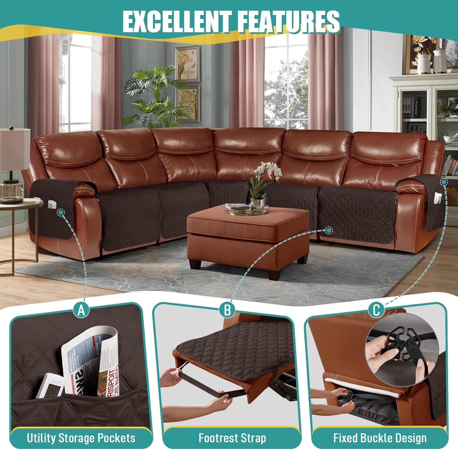 Ruaozz Extra Large Recliner Sectional Couch Covers, Waterproof Couch Cover for Reclining L Shape Sofa 5 Seat Reclining Sectional Couch Covers with Pockets (L Shape 5 Seat Recliner Cover, Chocolate)