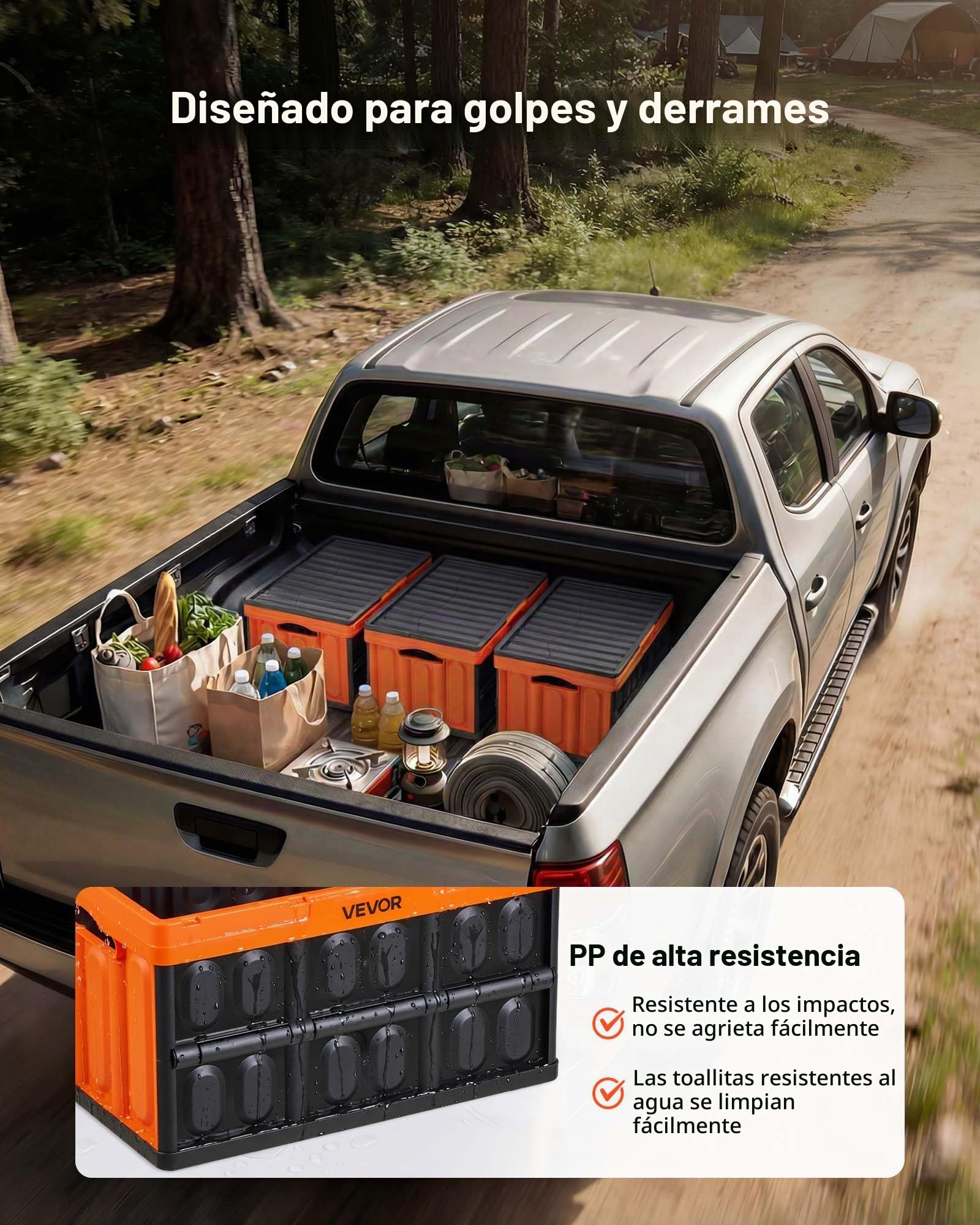VEVOR Cajas de Almacenaje Plegables de Plástico 45 L, 3 Unidades, Contenedores de Almacenaje con Asas, Tapa Apilable, Soporta 20 kg, Ahorra Espacio para Coche Camping Organización Hogar, Naranja Negro