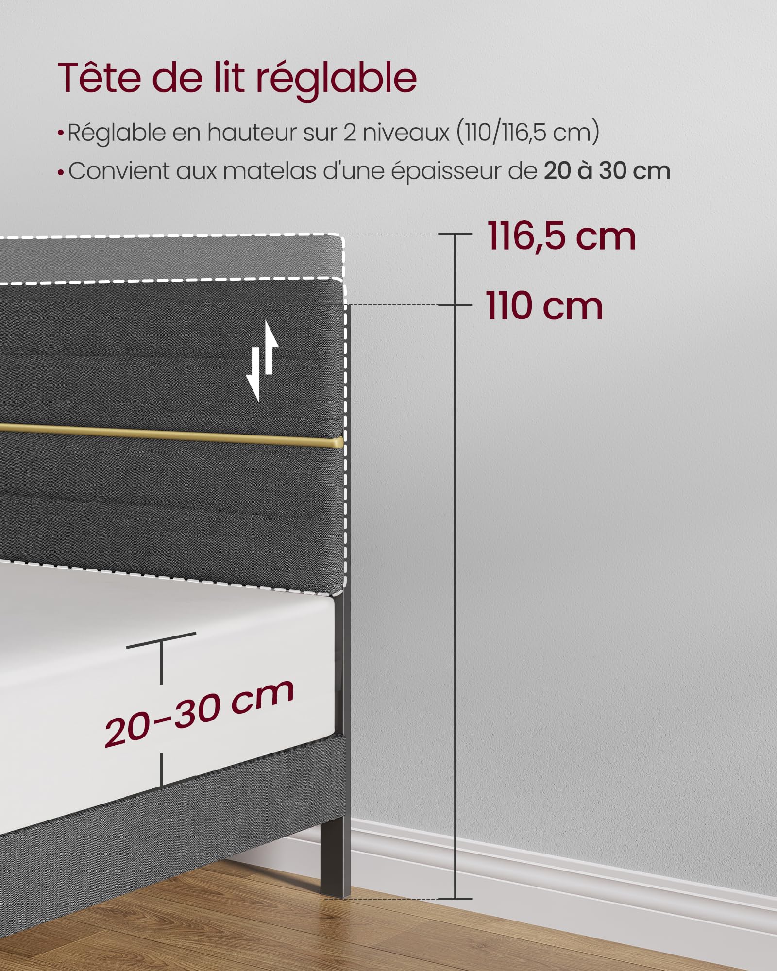 VASAGLE Lit Double, Cadre de Lit, Convient pour Un Matelas de 160 x 200 cm, Tête de Lit Rembourrée Ajustable, en Métal, Bois Massif, Moderne, Gris Ardoise RMB505G01