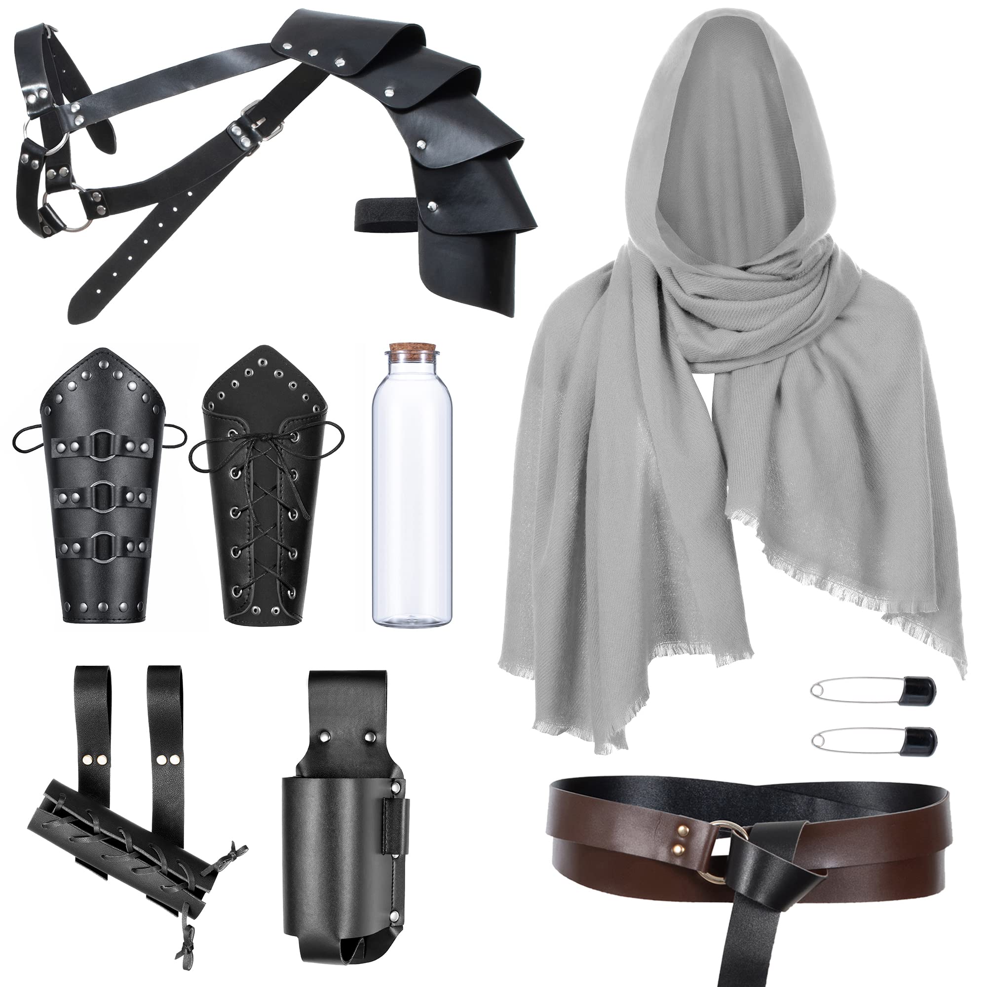Medieval Knight Leather Belt Shawl Men Renaissance Half Shoulder Cape Scarf Buckle Bracers Retro Magic Cork Potion Bottle Sword Frog Accessories(Type2)