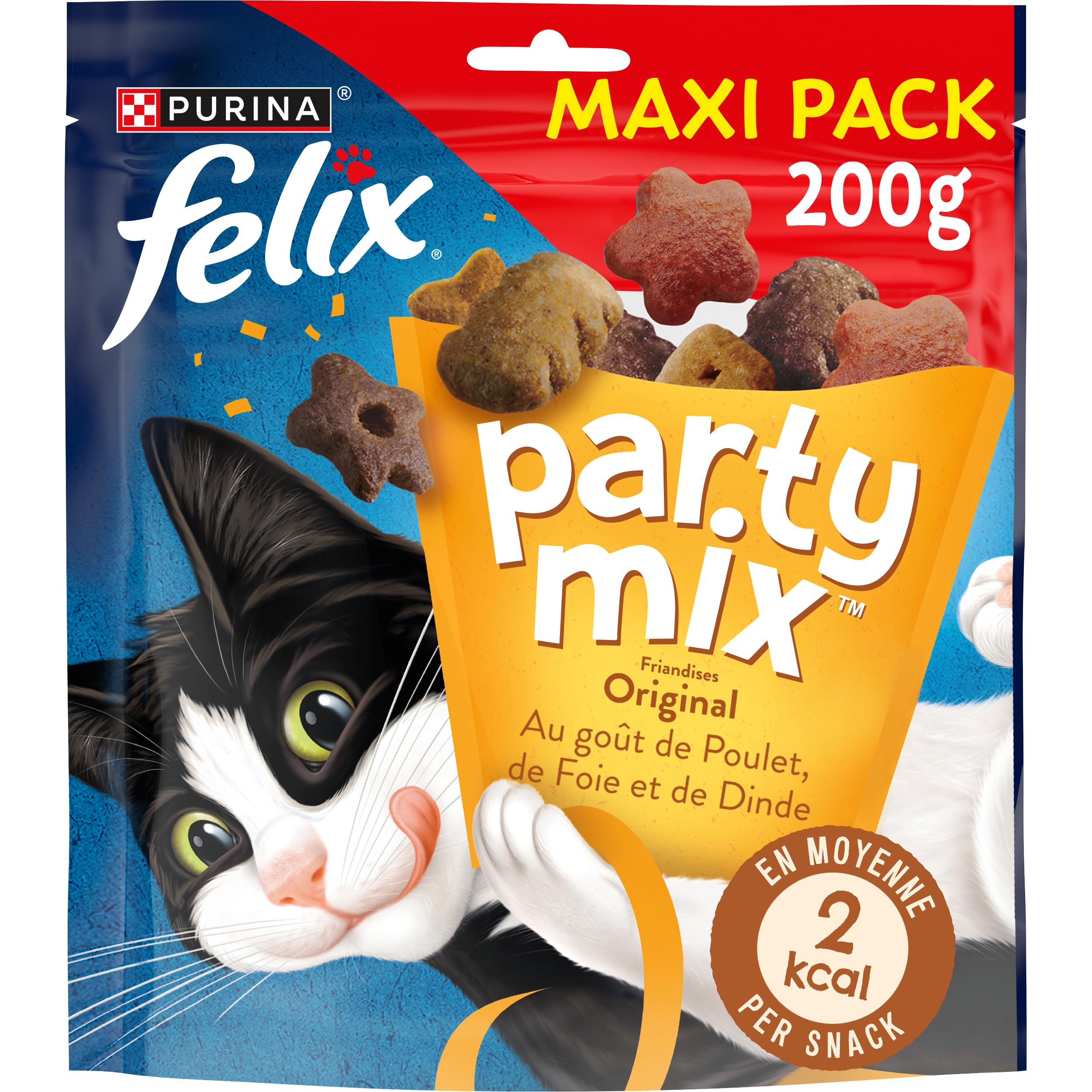 FELIX | Party Mix | Friandises pour Chat Adulte | Riches en protéines, vitamines, acides gras et oméga 6 | Sélection Mixte au goût irrésistible : Au Poulet, Au Foie, à la Dinde | Sac | Lot de 5 x 200g