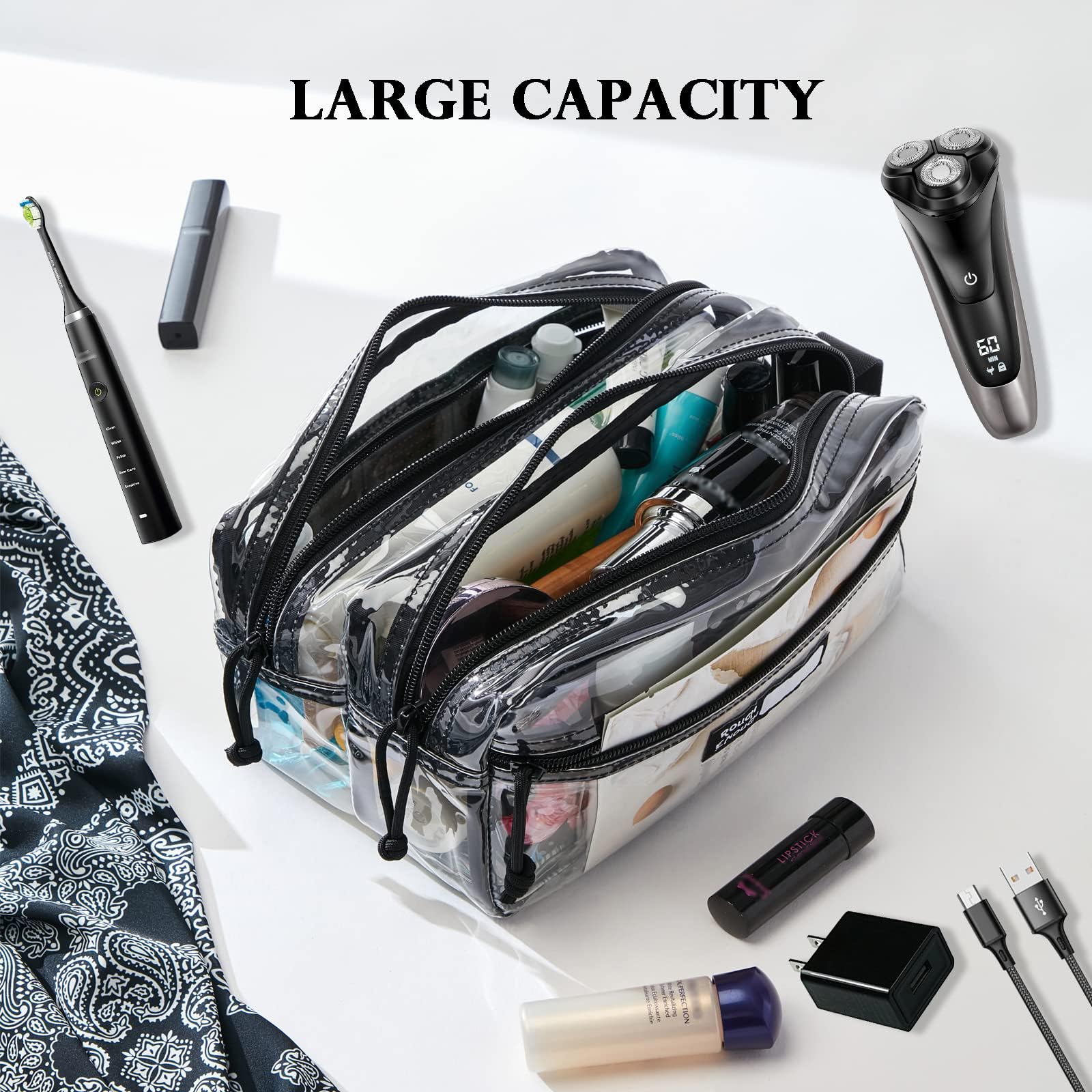 Rough Enough Clear Travel Toiletry Bag for Men Women Traveling Toiletries Essentials Shaving Hygiene Dopp Kit, Schwarz, 9.5 x 5 x 5 inch, Modisch