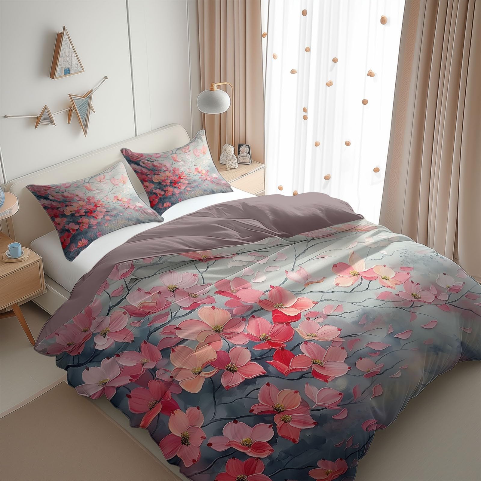Pink Bedding Sets Painting Red Dogwood Flowers Print Duvet Cover Set, Comforter Cover Full Size Soft Breathable Reversible 3-Piece Bedding for Kids Teens