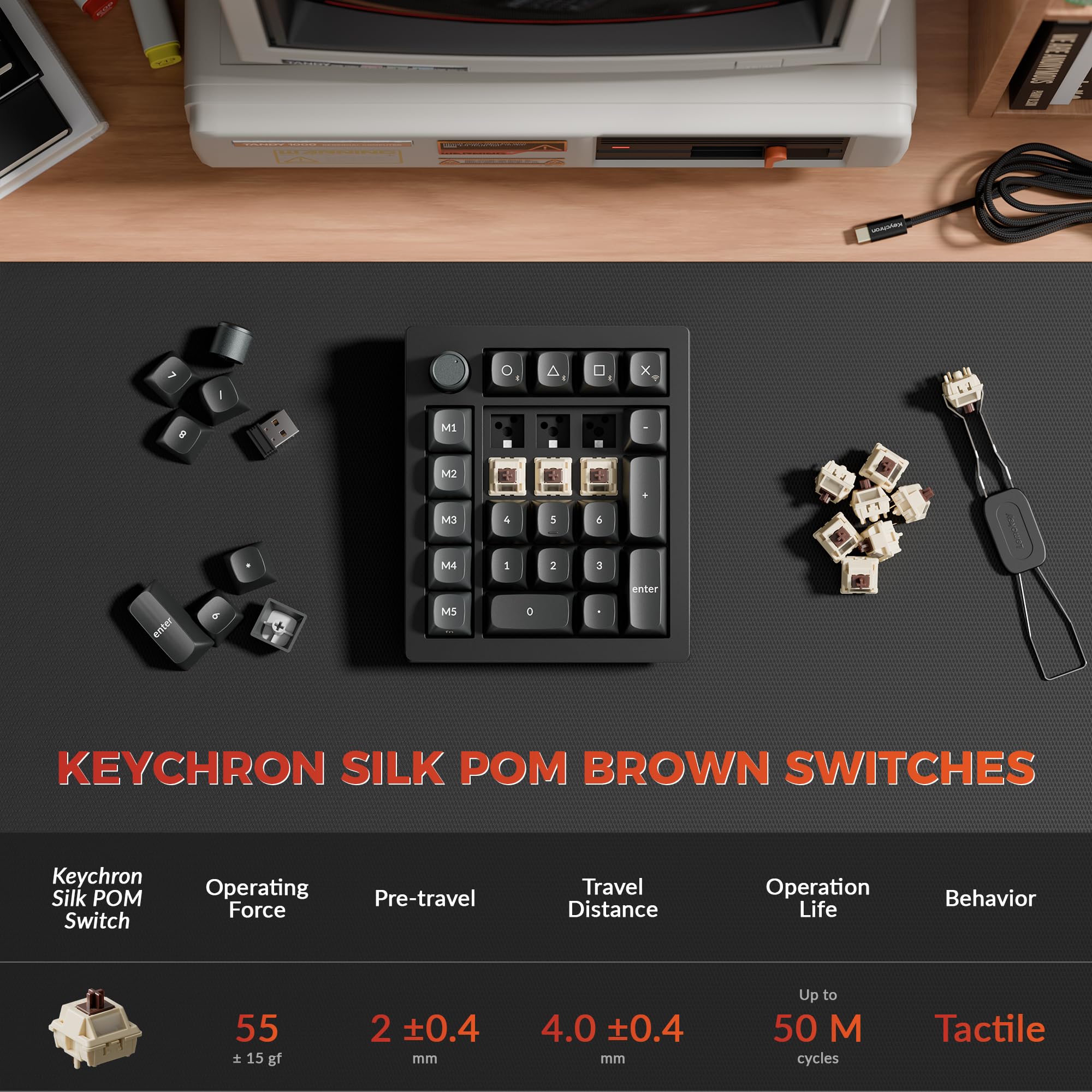 Keychron V0 Ultra 8K Teclado Numérico Inalámbrico, 27 Teclas, 8000 Hz Polling Rate, 2,4 GHz/BT 5.3/USB-C, 360h Autonomie, Programable Mediante ZMK y Launcher, para Mac y Windows, Interruptor Marrón