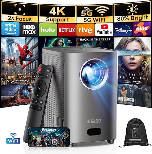 Proyector de película para exteriores, mini proyector de 1080P con enfoque eléctrico de 2 segundos, WiFi 5G y altavoz Bluetooth, proyector portátil