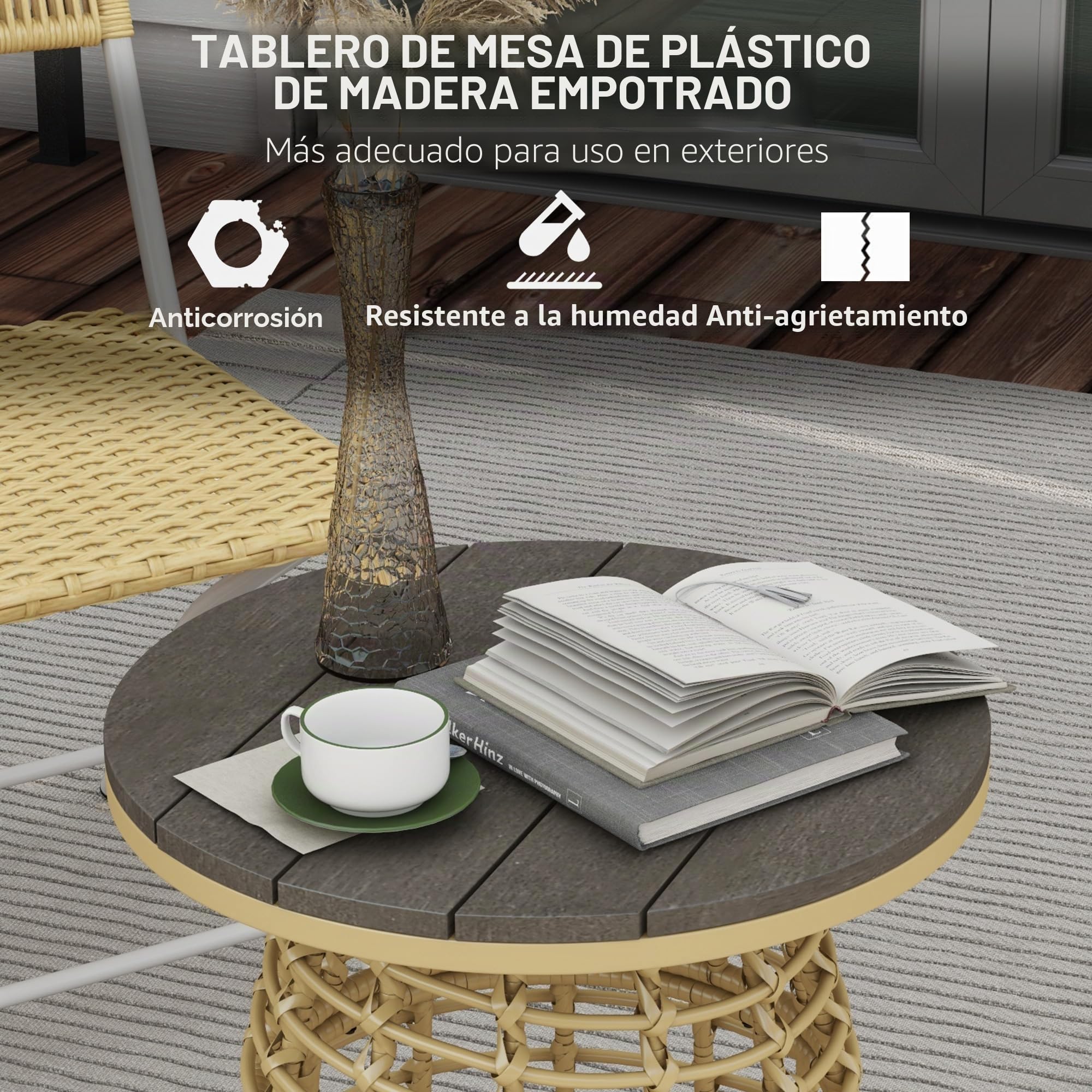 Outsunny - Mesa de centro de jardín (resina, efecto ratán), diámetro 45 x 50 cm, color natural | Mesa auxiliar exterior redonda, metal, bandeja compuesta