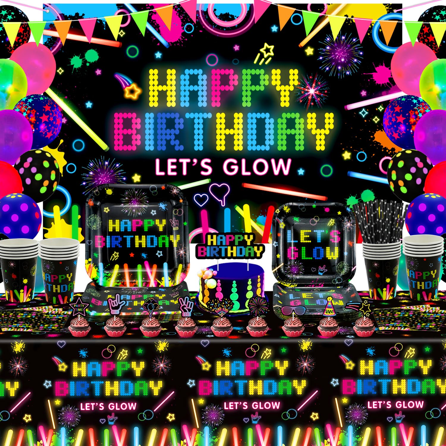 158 Pack Glow Neon Party Supplies Neon Glow Plate Set Neon Balloon Glow in the Dark Happy Birthday Backdrop Glow Birthday Blacklight Party Decoration Neon Glow Banner Set Serves 20