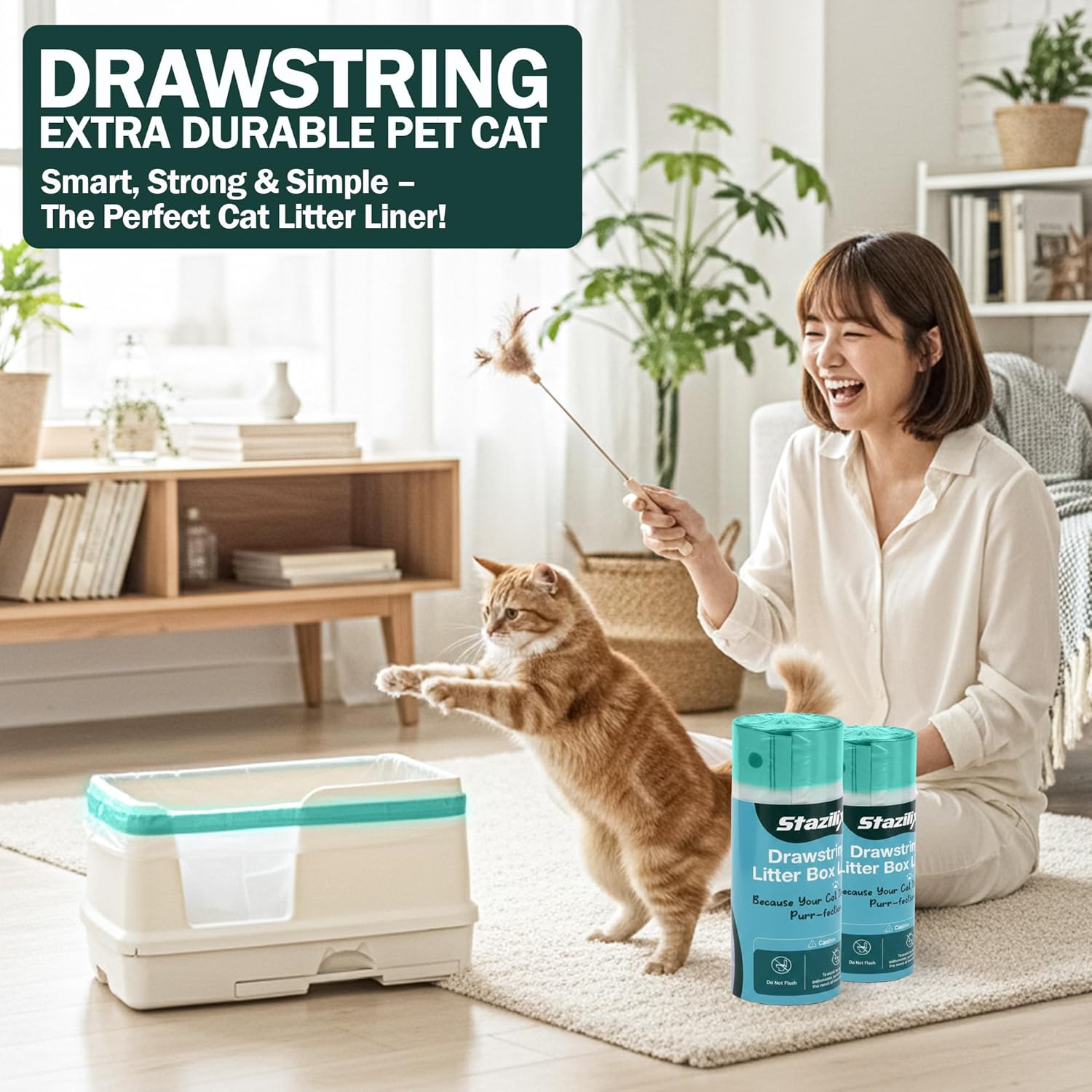 50 Count Jumbo Litter Box Liners 39x22 – Jumbo Cat Litter Box Liners, Heavy Duty Jumbo Cat Litter Liners, Leakproof Tear-Resistant Bags with Drawstring for Easy Mess-Free Cleaning