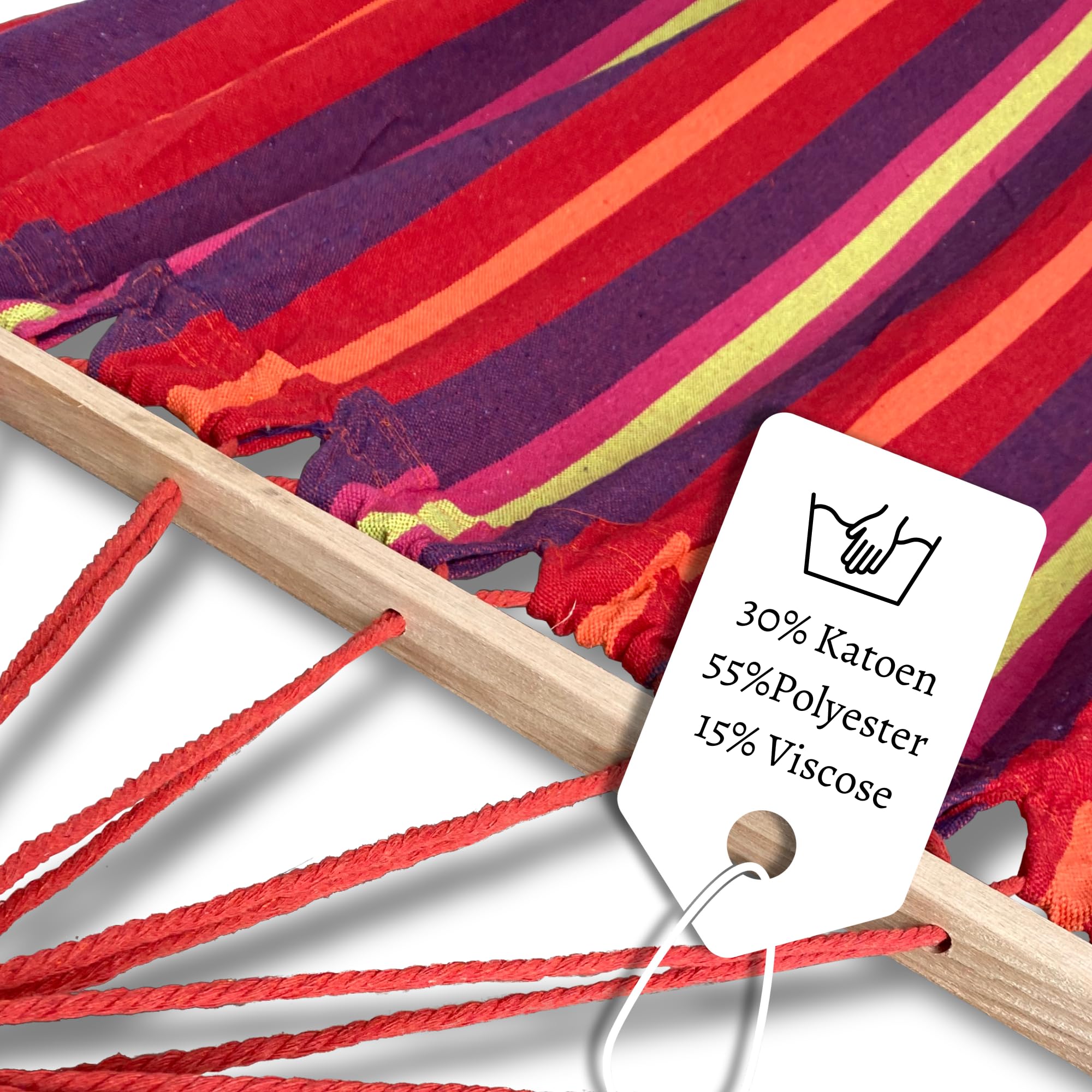 Hamac avec barre d'écartement – 200x140cm – Rayé rouge – 1 personne – Incl. 2 crochets, corde et sac de rangement