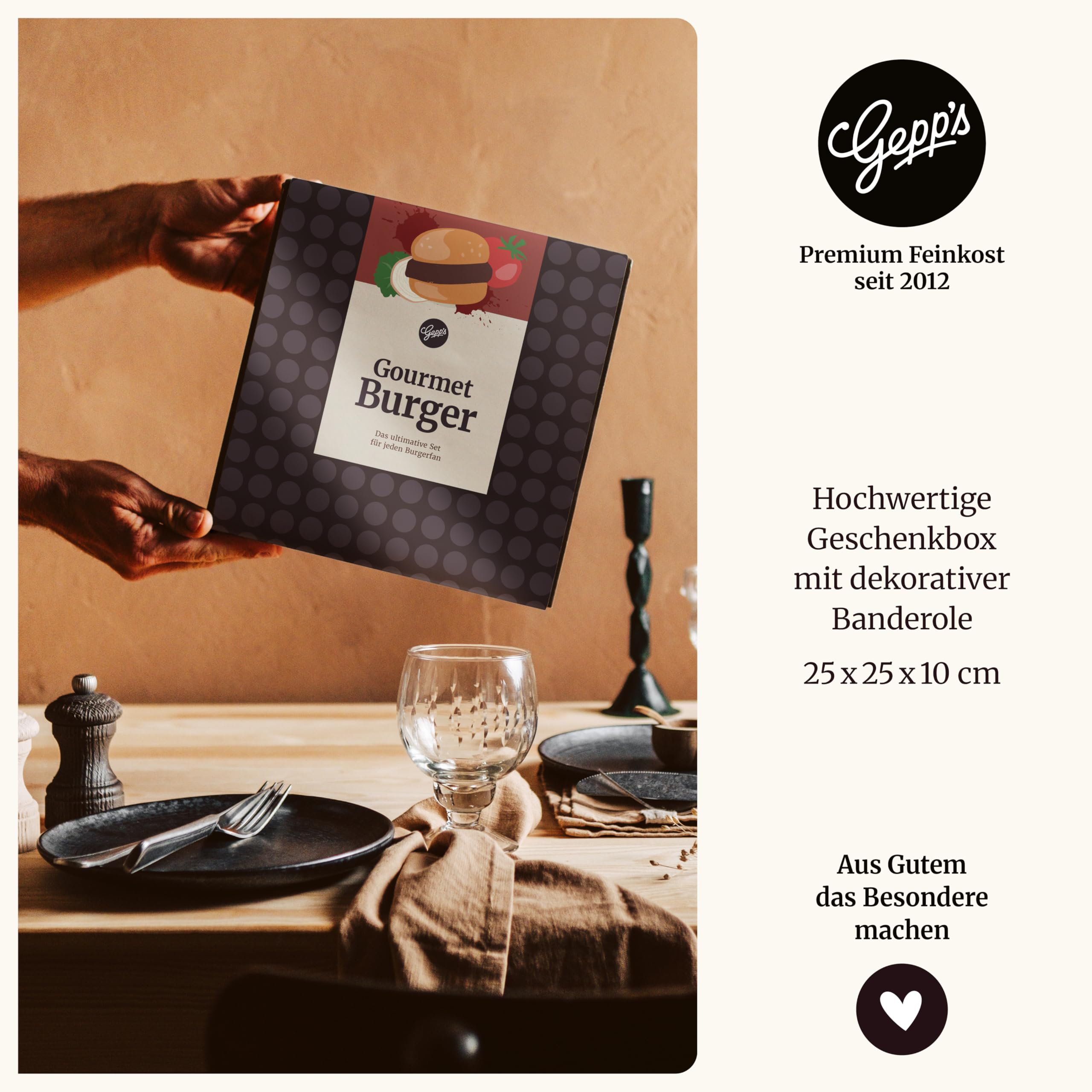 Gepp’s Feinkost Burgerbox Geschenkset mit Grill- und BBQ-Saucen, Texas BBQ Rub und Brioche