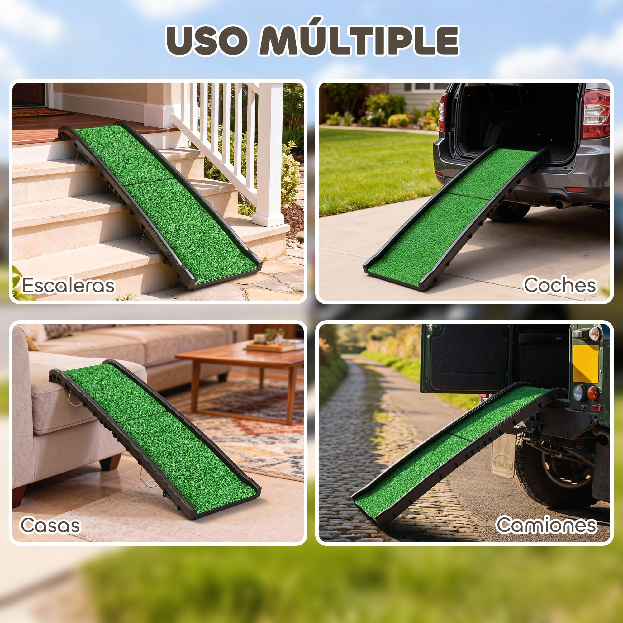 PawHut Rampa para Perros con Césped Artificial, 155 cm, Rampa para Perros para Coche Plegable con Asa, Ángulo Ajustable, Antideslizante, para Todas Las Razas, para Cama, Sofá, Verde