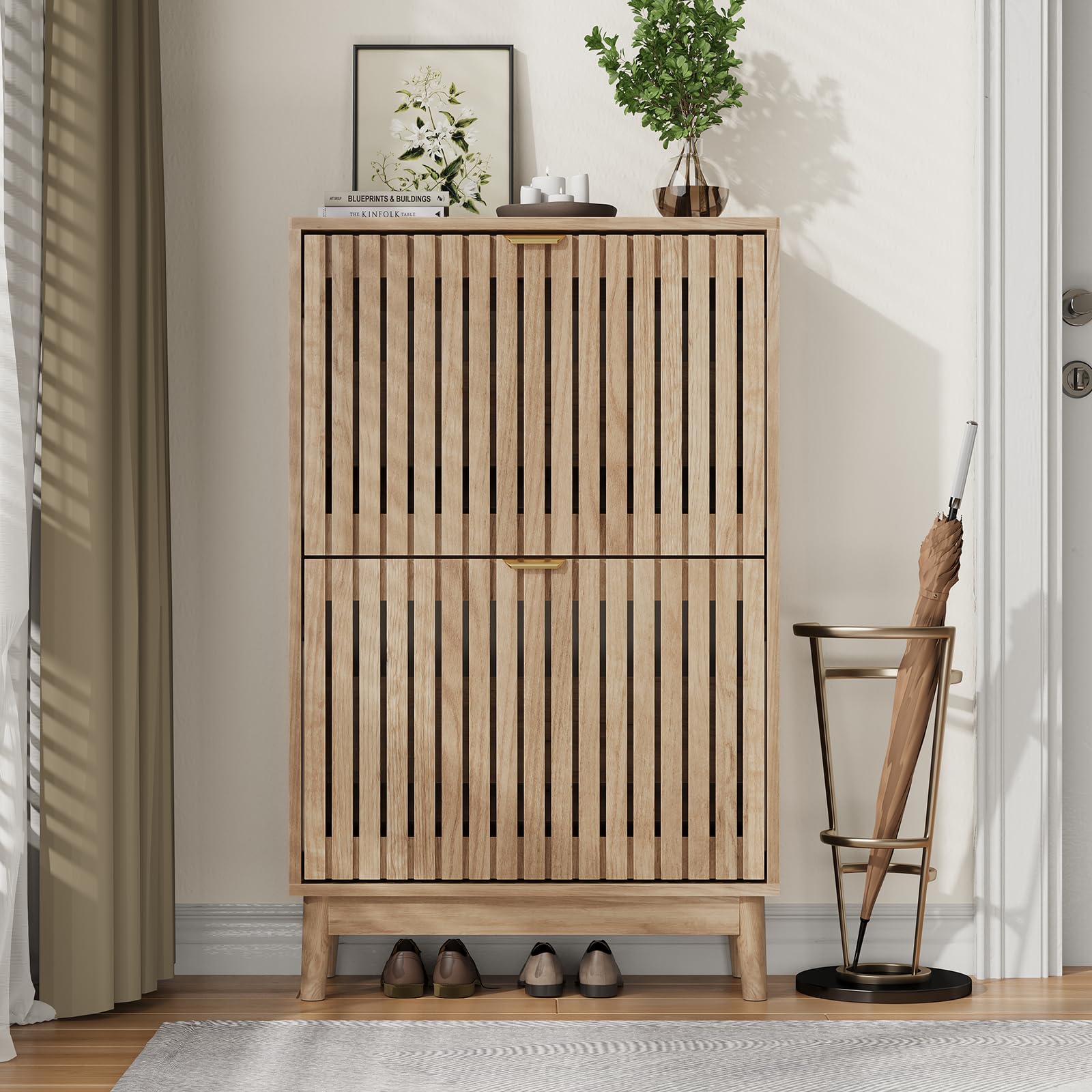 Kiasthome Mueble Zapatero de Madera con 2 Cajones Abatibles, Organizador de Zapatos con Puertas Rejilladas Ventiladas, Zapatero Moderno para Entrada, Pasillo y Salón (Natural, 60 cm)
