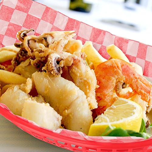 Miniatura 6 de MANCHAP Paquete de 50 cestas rojas de comida rápida de 8.8 x 5.5 pulgadas, cestas de plástico para servir alimentos con 100 forros a cuadros, cestas