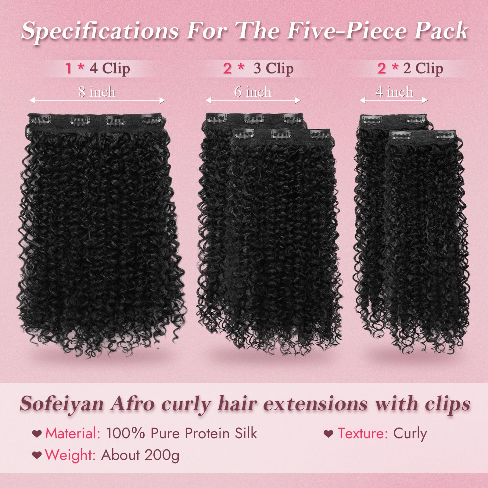 Sofeiyan 5 Pièces Afro Bouclé Extensions de Cheveux à Clips,40 cm Curly Bouclées Naturel Extensions de Cheveux Pour Femmes,Postiches Capillaires 100% Soie Protéinique Pure,Noir Naturel