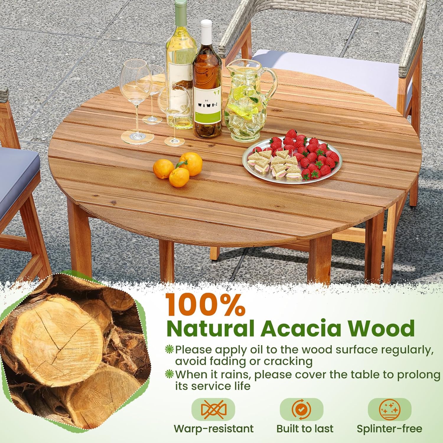 HAPPYGRILL Acacia Wood Round Dining Table for 4 People, 36" Rustic Patio Wooden Table w/Slatted Tabletop, Oil Finish, Indoor Outdoor Farmhouse Dining Furniture for Garden Backyard Deck Poolside Home