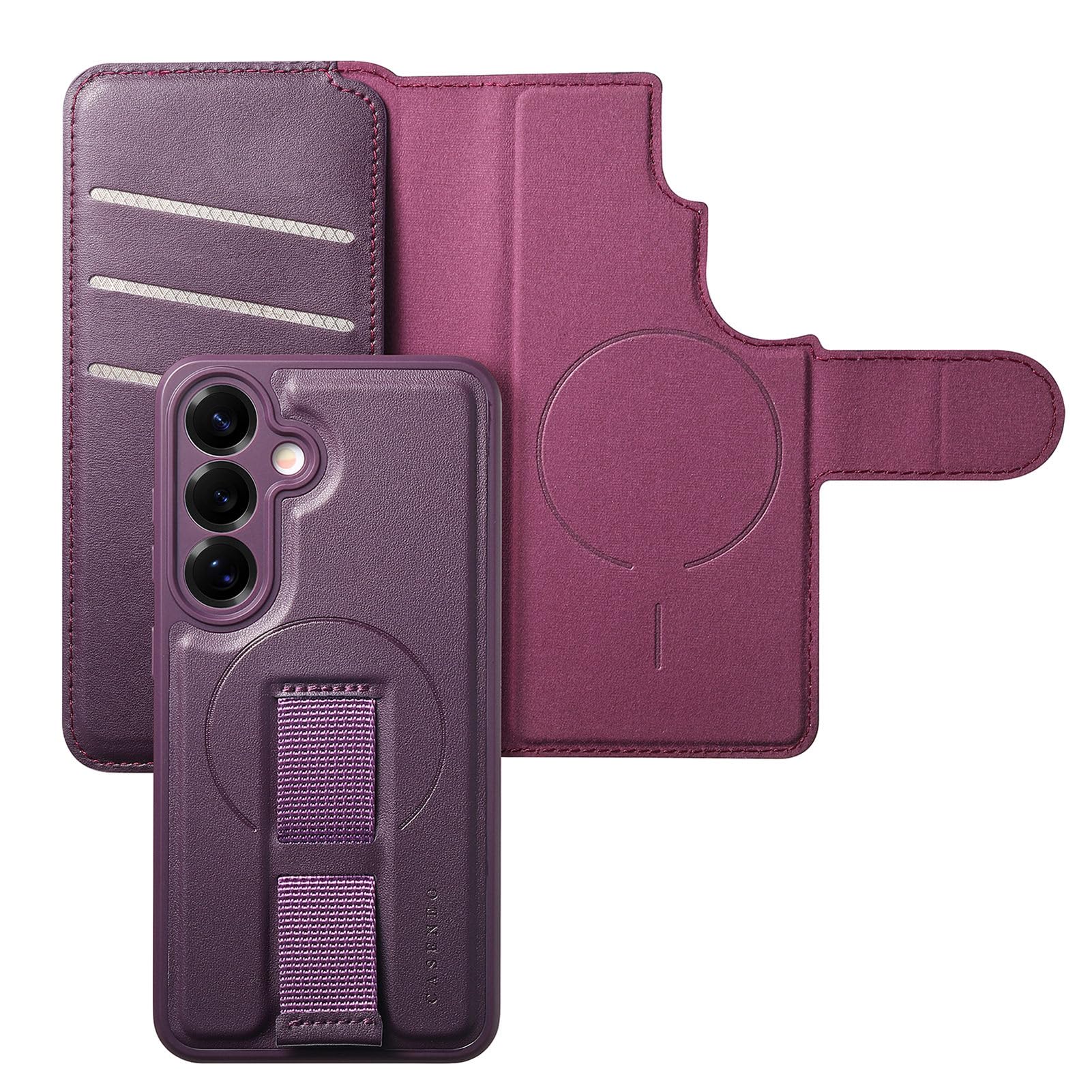 COQUE Magnetyczne etui do Samsung Galaxy S26 Plus z elastycznym paskiem na nadgarstek, wbudowaną przegródką na kartę i regulowaną podstawką, odporne na wstrząsy etui ochronne - fioletowe