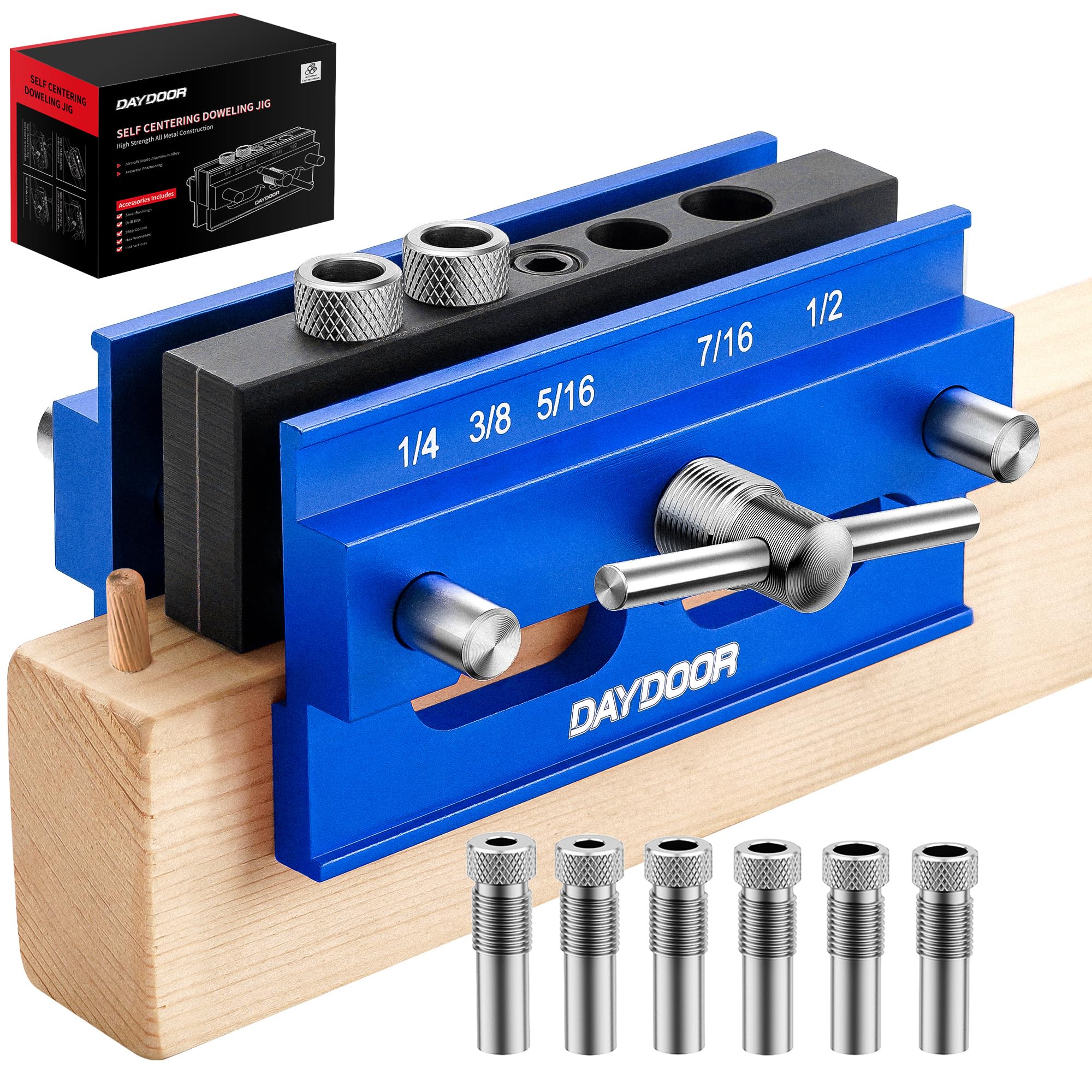 2.1" Self Centering Dowel Jig, Universal Capacity Doweling Jig & Drill Guide for Woodworking, Complete Kit with 6 Steel Bushings for Straight Holes(Blue)