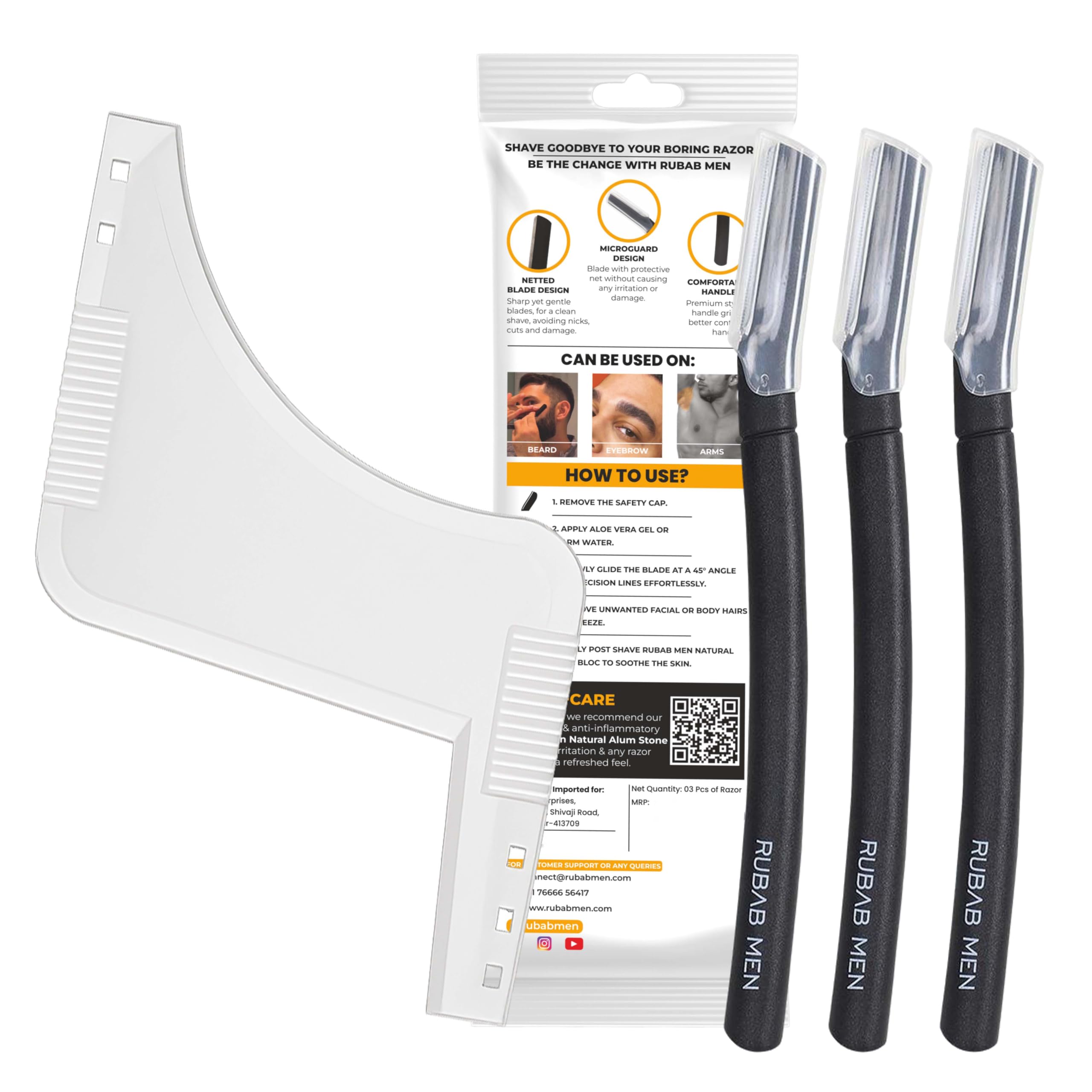 Rubab Men Transparent Beard Shaper & 03 Beard Razor Pen Combo Kit | Perfect Beard Shape, Neck & Side-Burns Cut Line at Home | No More Salon Wait