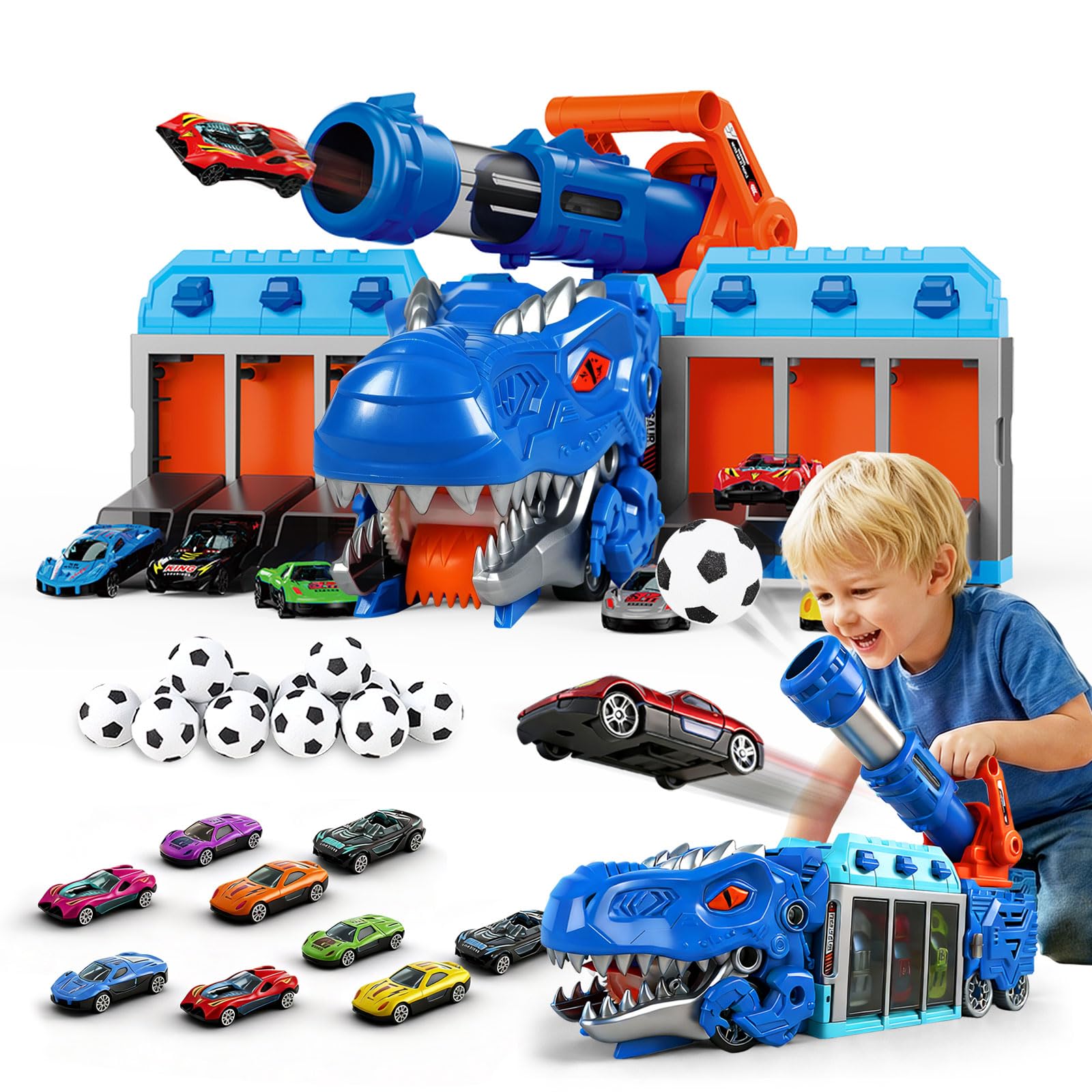 LUCKFUTURE Dinosaur Truck Toy, Blue T-Rex with Launcher - Shoots Cars & Balls, Interactive Tyrannosaurus Play Set with Storage for Kids Ages 3-7