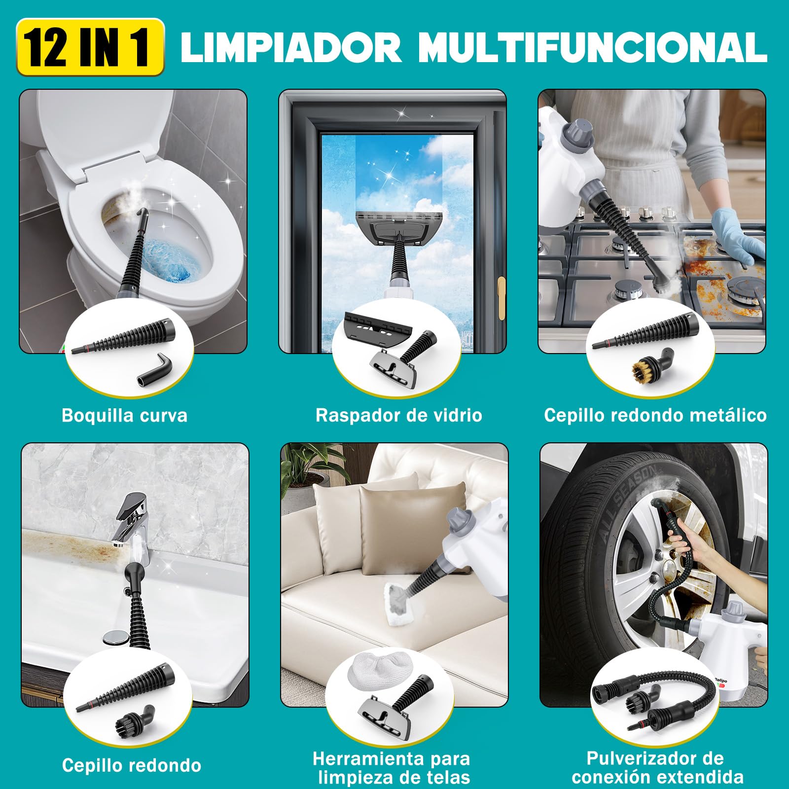 Rolipo Limpiador a vapor portátil a presión con 12 accesorios y cierre de seguridad, pistola de vapor doméstica multifuncional para limpiar cocina, baño, juntas, ventanas y grasa