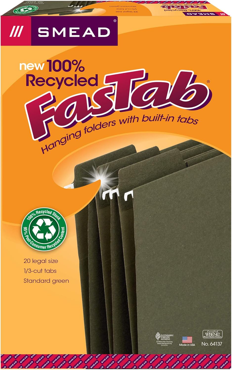 Smead 100% Recycled FasTab Hanging File Folder, 1/3-Cut Built-in Tab, Legal Size, Standard Green, 20 per Box (64137)