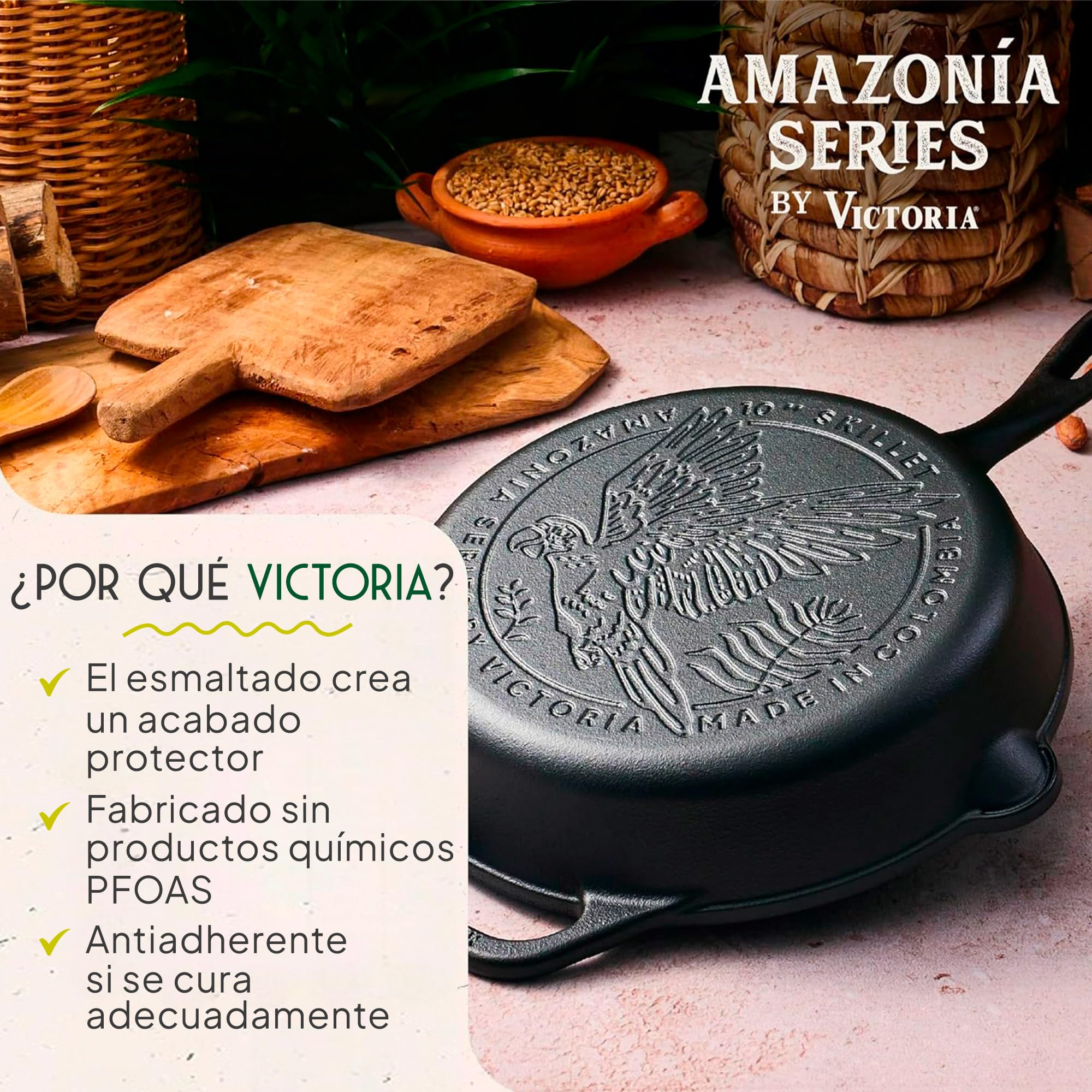 VICTORIA Sartén Hierro Fundido Esmaltado Amazonía Guacamaya Inducción 25cm | Apta para Fuego, Barbacoa, Horno, Vitrocerámica, Gas, Cast Iron sin PFOA