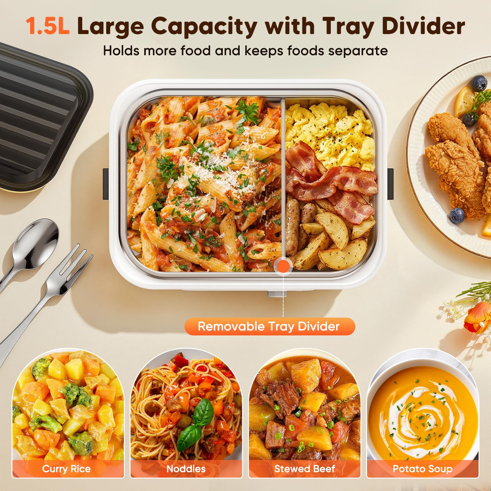 Lunch Box Riscaldato, Lunch Box Riscaldato Intelligente da 1.5L con Touchscreen, Scaldavivande Elettrico Wireless con Piatti in Acciaio Inox e Borsa Termica, Ideale per l'Ufficio/Viaggi/Campeggio