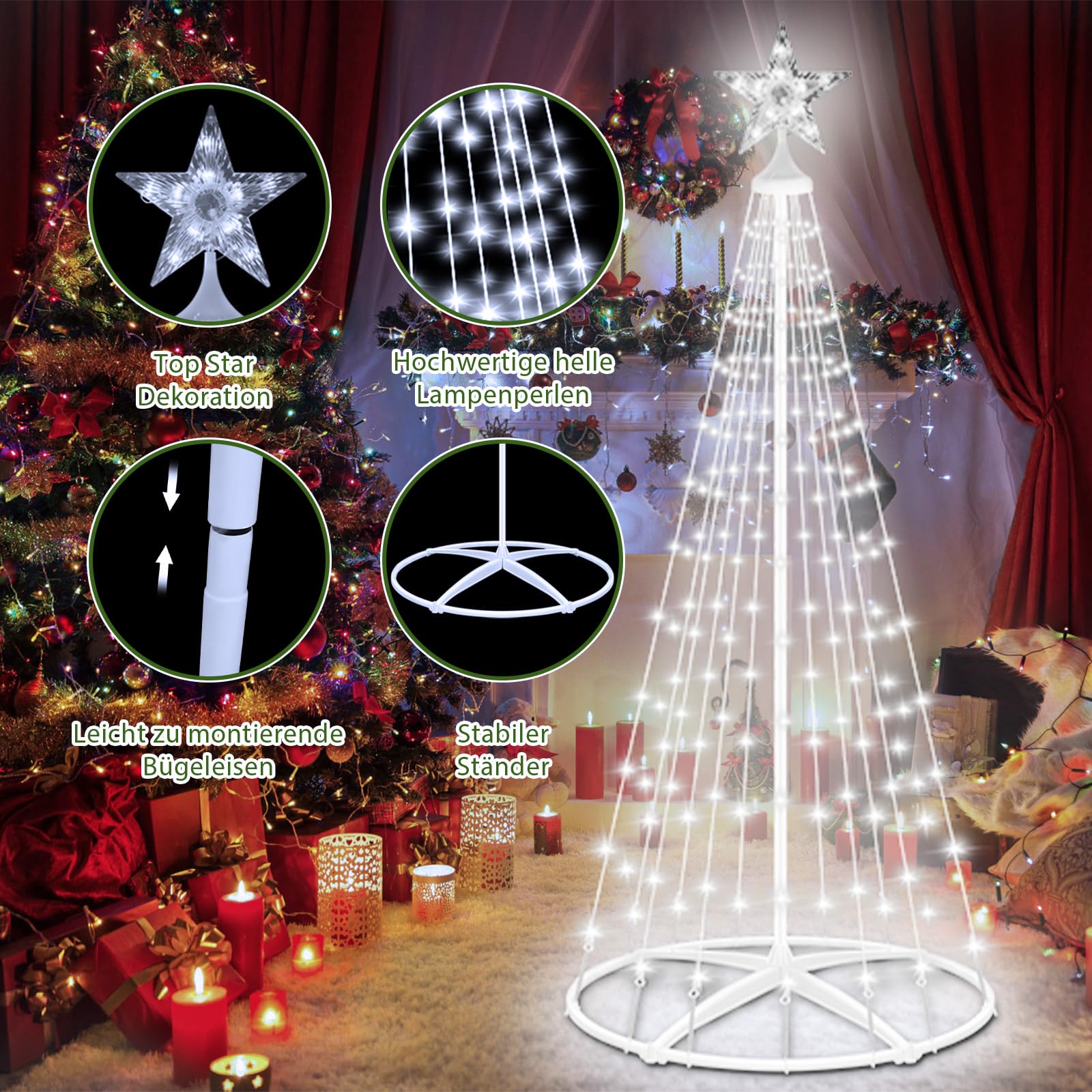 HELESIN Arbre de Noël en Forme de Cône en Métal, 154 LED 12 Modes, Minuterie Guirlande Lumineuse D'extérieur, LED Éclairage de Sapin Décoration de Noël pour Cour, Salon Jardin (Blanc avec Support)
